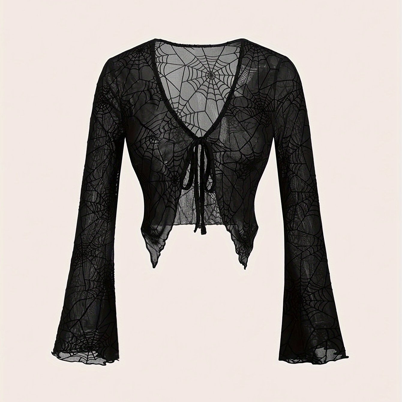 Image of 8.11 Halloween Spider Web Print Puff Sleeve Front Tie Mesh Top