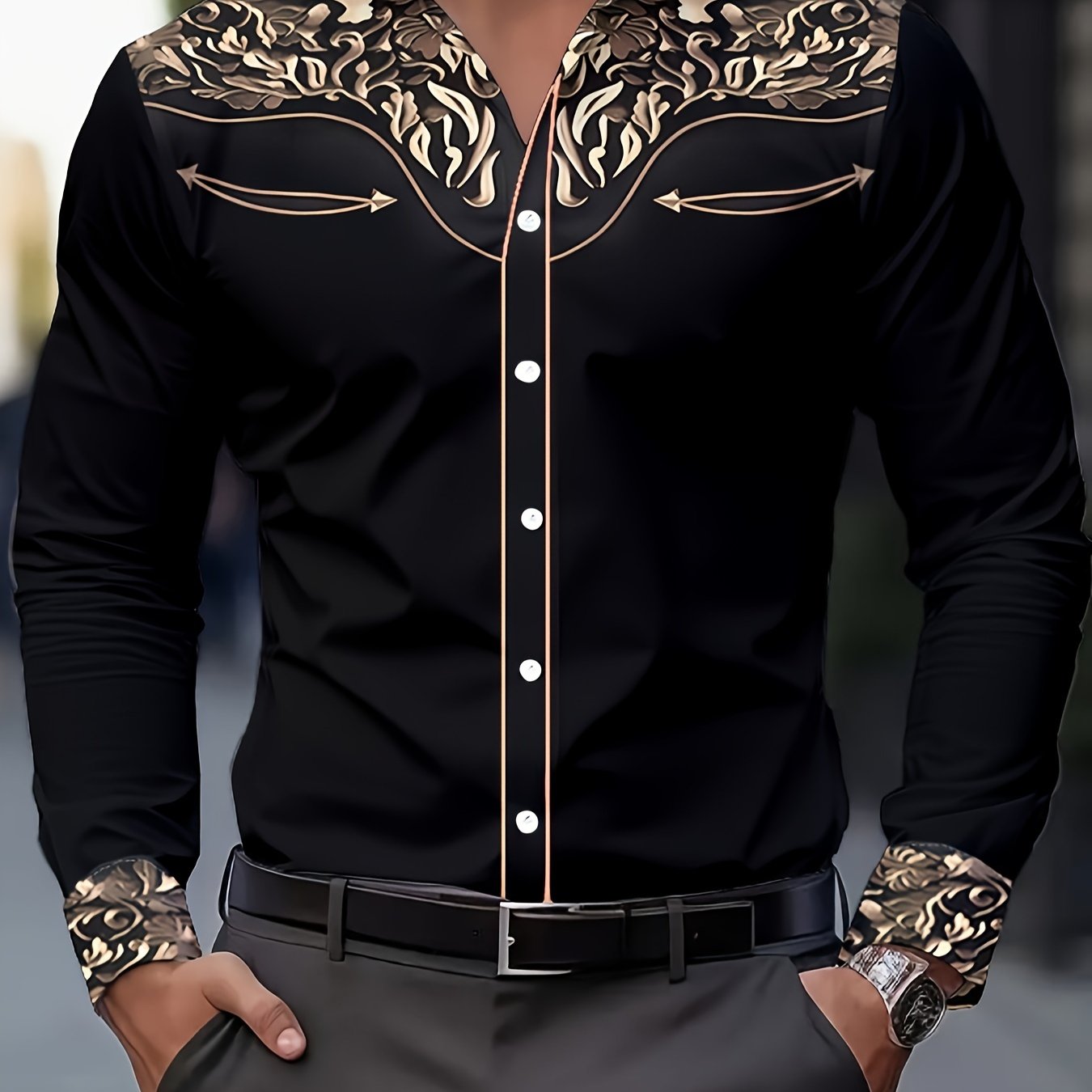 TEMU Men's Fashion Print Shirt, Spring/autumn Casual Breathable Turn- Collar Button-up Long Sleeve Shirt, Gift For Eld, Gift For