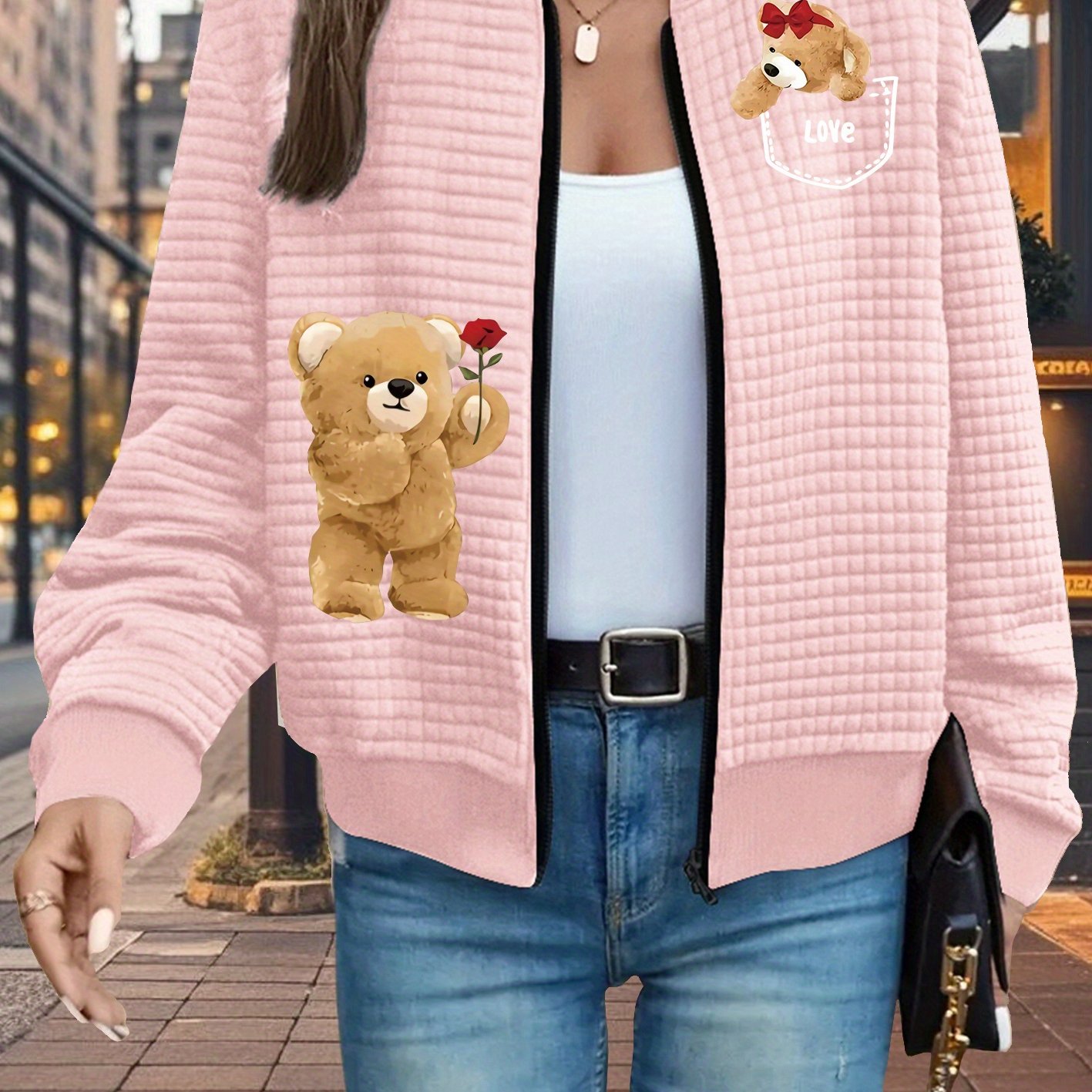 TEMU Women's Casual Waffle Baseball Collar Zip-up Jacket With Bear Pattern Print - Made Of, Machine Washable, Featuring Geometric Designs
