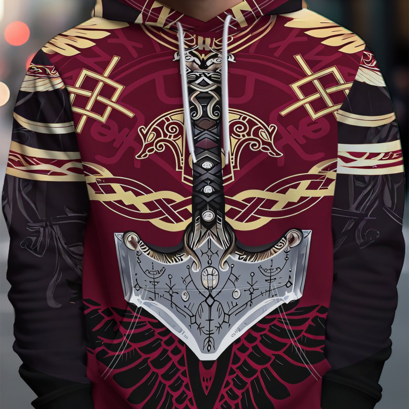 TEMU Men's Individual Style Hooded Sweatshirt, Dark Red Base With Golden Patterns And Grand Sword With Black Wings - Full Streetwear Aesthetic, Rich