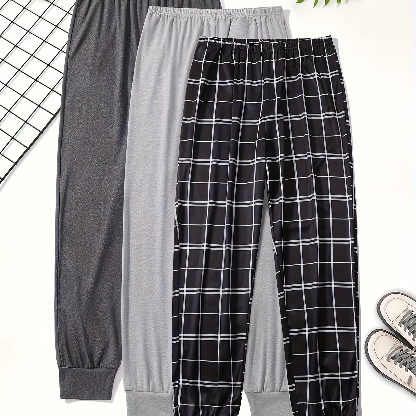 Image of 3pcs Women' Color Sleepwear & Nightgown Pants Suit - Black, Light & Dark Long Sleep Pants, Mid-elastic Comfortable Pajamas For - Lounge Wear, Machine Washable For (no Parts)