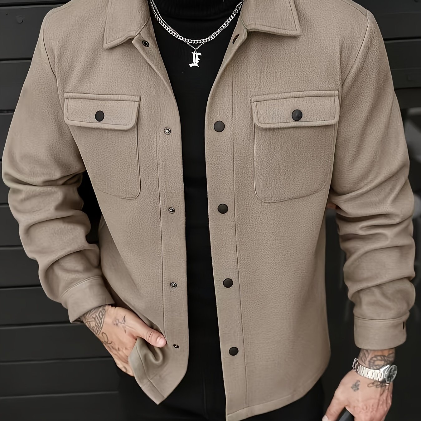 TEMU Heren Casual Tweed Overhemdjas met Revers, Drukknoopzakken, Herfst/Winter Warme Veelzijdige Top Winterkleding voor Heren, winterjas heren