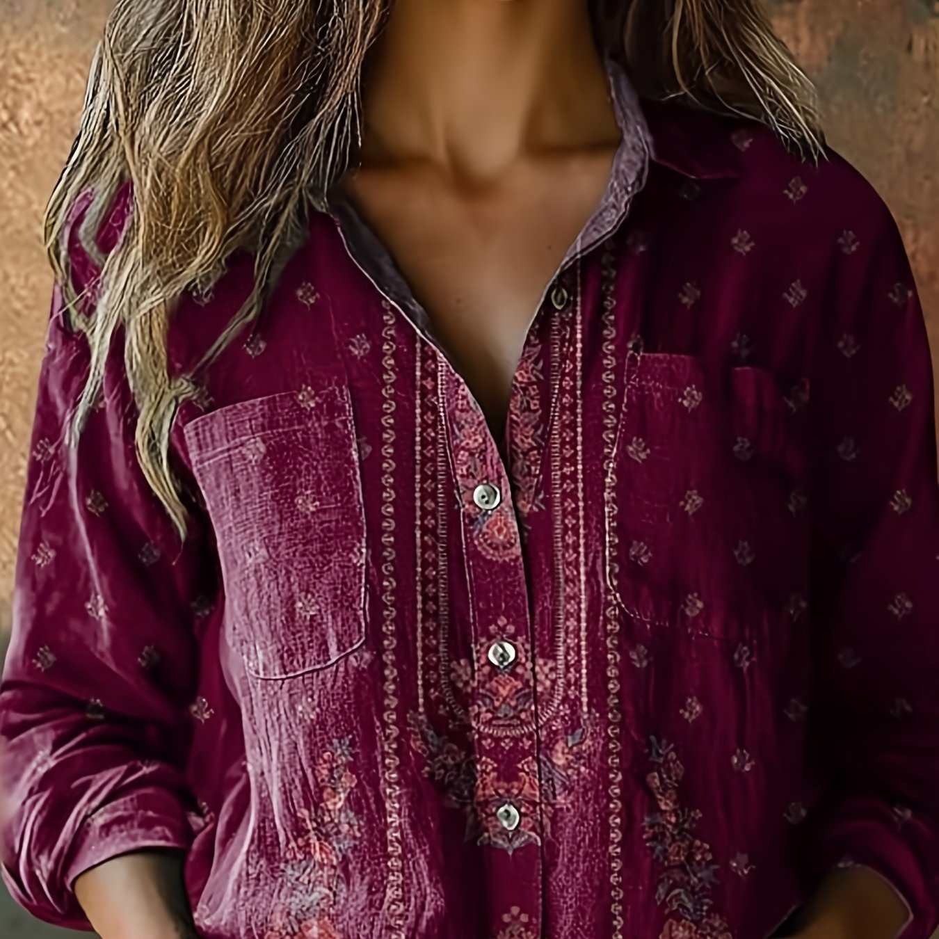 Plus Size - Plus Size - 2025 Spring And Winter New Women's Large Size Lapel V-neck Long Sleeve Loose Casual Temperament Chest Pocket Open Button Small Floral Print Shirt