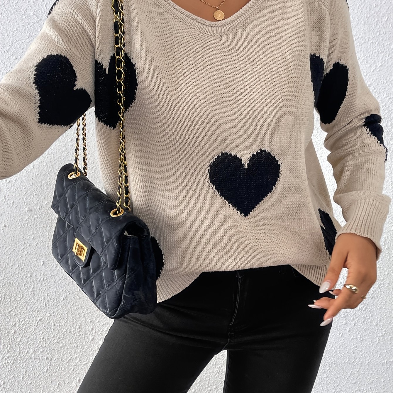 E-shop Neuer lässiger eleganter V-Ausschnitt-Pullover für Damen für Frühling, Herbst Winter zum Valentinstag mit Herz-Jacquard Kontrastfarben,