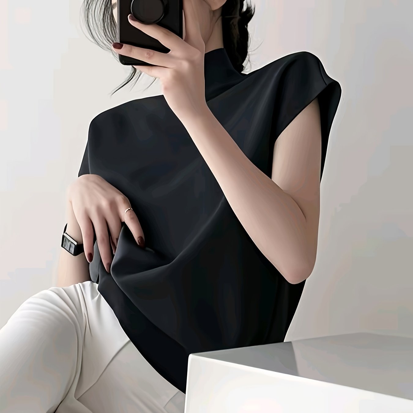 TEMU 【在庫あり】フレンチ カラー アイスファイバー生地 ノースリーブ Tシャツ レディース 夏 ニッチデザイン ゆったり シック ショートトップ ファッション ベスト
