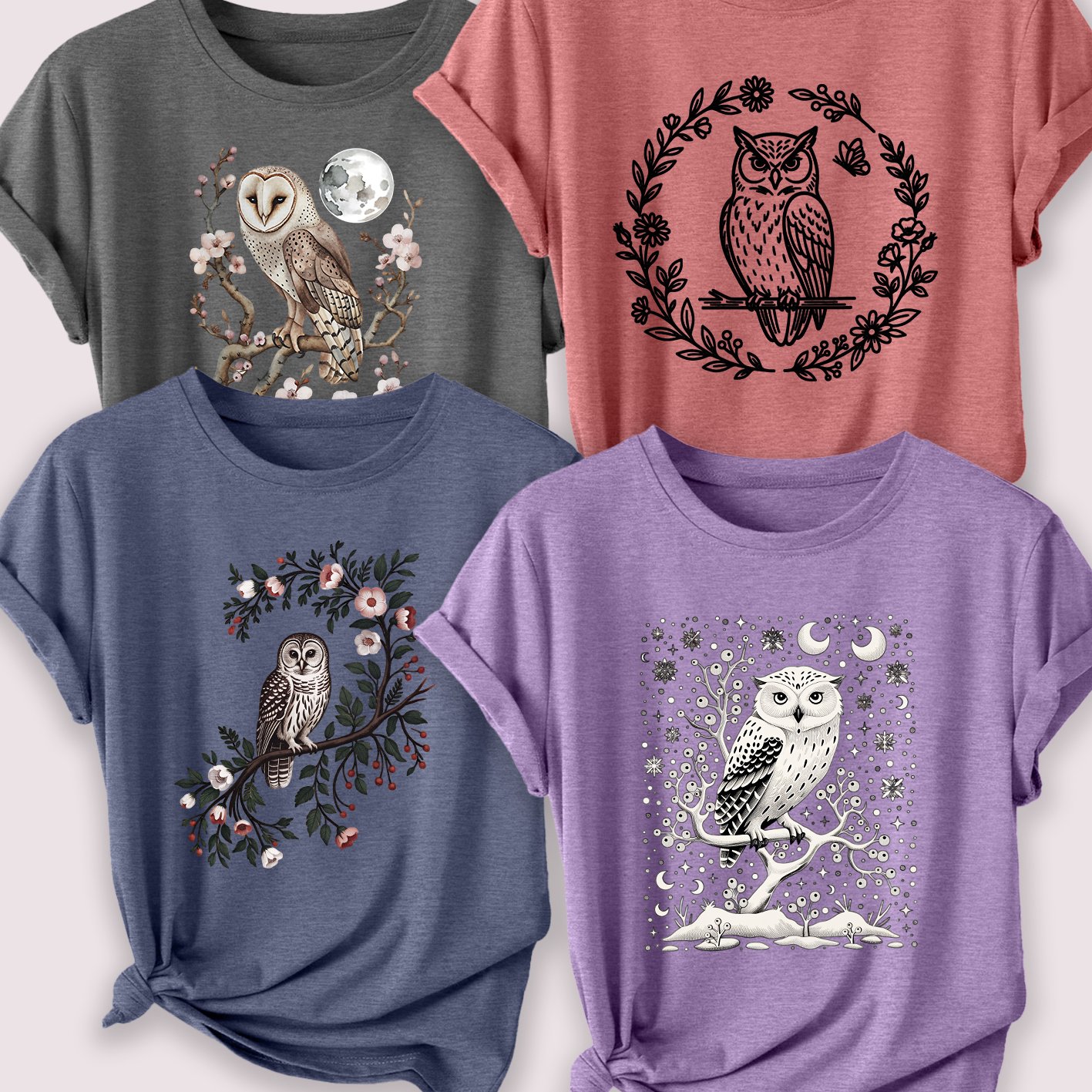 TEMU Four-pack Women's T-shirts With Floral Owl Silhouette Print, Summer Casual Elegant Women's Wear, Short-sleeve Tops, Summer Women's Must-have