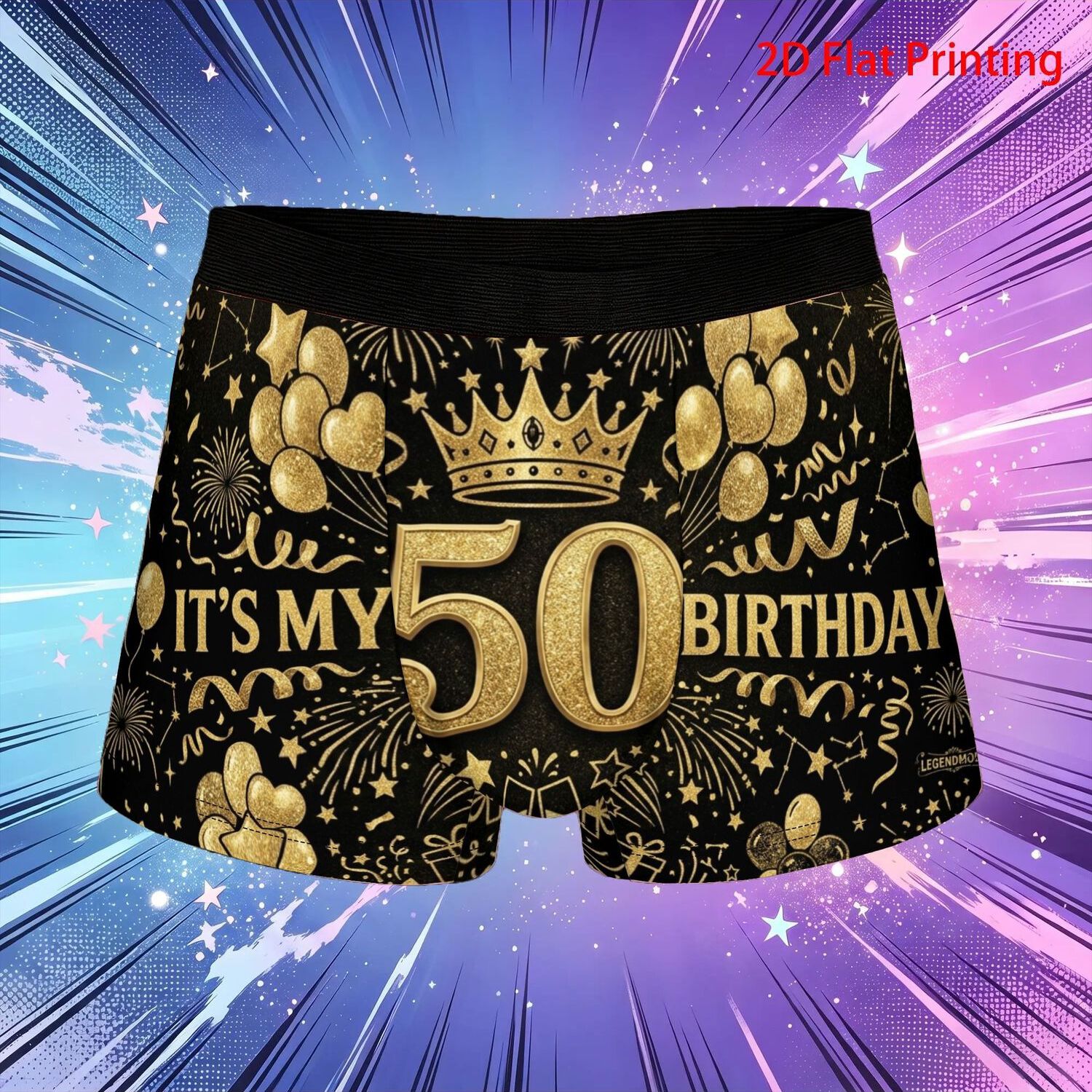 TEMU 1pc 50th Birthday Crown Balloons Fireworks Pattern Birthday Gift 2d Flat Printing Underpants Men's Briefs Comfortable Shorts Boxer Shorts