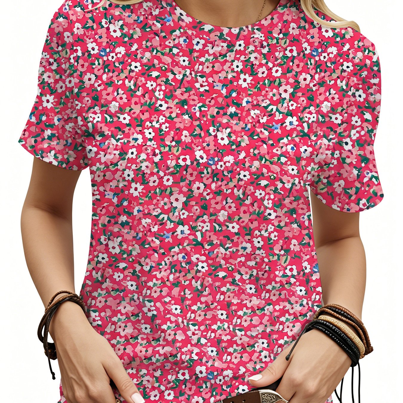 TEMU Fashion Summer Women' Floral Pattern Print T-shirt, Breathable Short Sleeve Casual Top, Summer Daily Outdoor Vacation Wear