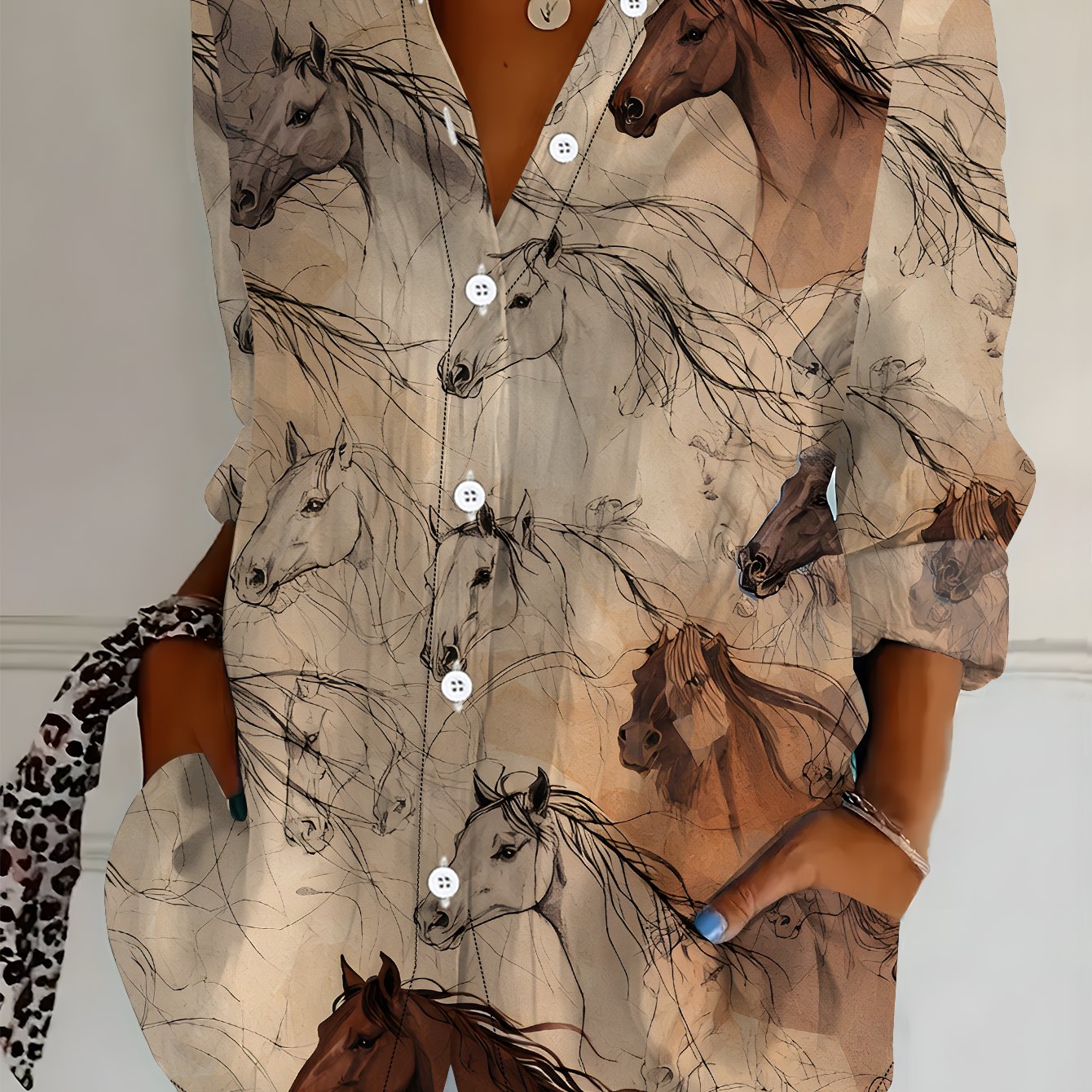 TEMU Plus Size, Plus Size Women's Long Sleeve Shirt With Horse Print, Loose Fit Printed Shirt Elements, Mid-length Long Sleeve Lapel Shirt For Women,