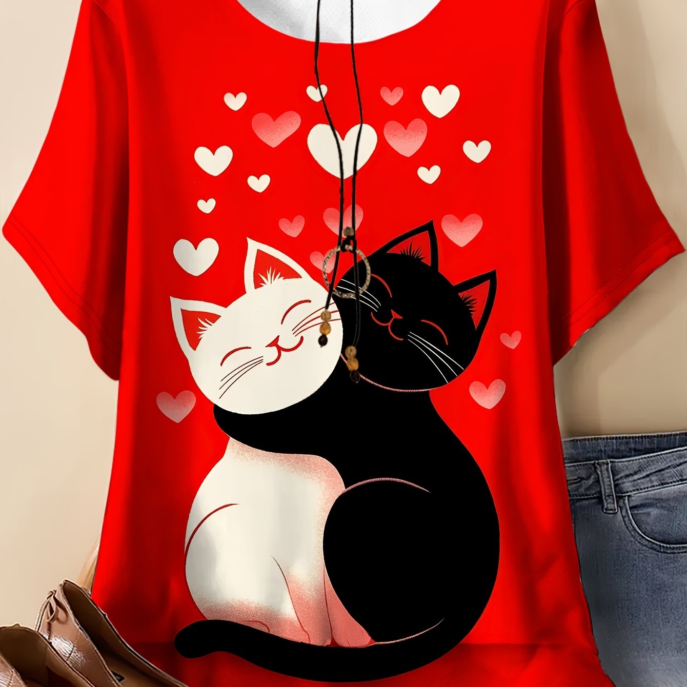 TEMU Plus Size - Plus Size - A Plus-size Women's T-shirt Features Print Of 2 Cats, And , Embracing , Surrounded Patterns. It Has A Round Neck And