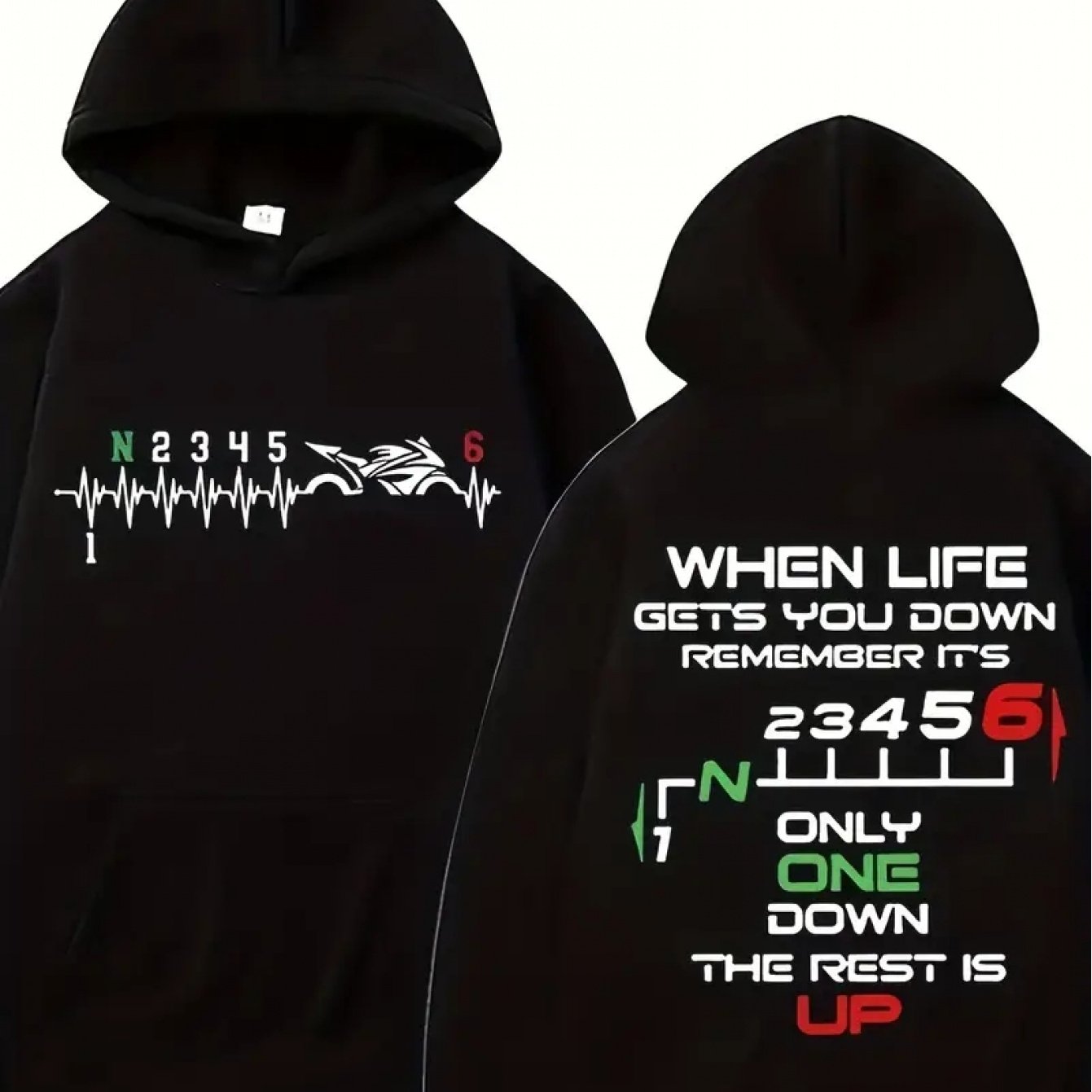 TEMU Men's Motorcycle Rider Hoodie With Heartbeat Lines And Inspirational Quotes Print, Loose Casual Pullover, Machine Washable Autumn And Winter