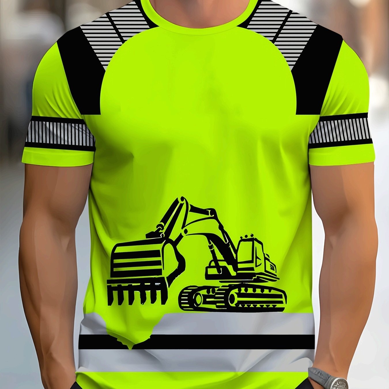 TEMU Men's Neon Green & Black Construction T-shirt With Backhoe, Crane, Bulldozer & Excavator Print - Graphic Tee Suitable For Summer, Lightweight