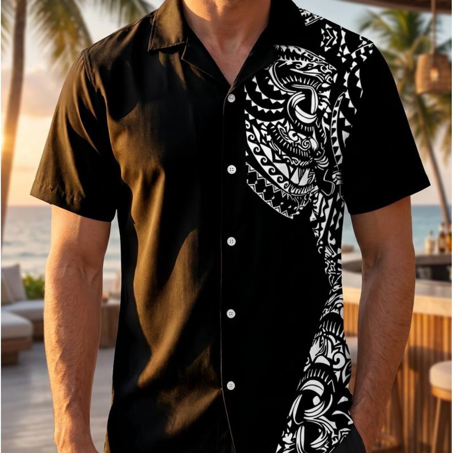 TEMU Men's Black And White Tribal Polynesian Print Short-sleeve Shirt, Trendy Tropical Beach Vacation Button-up Top