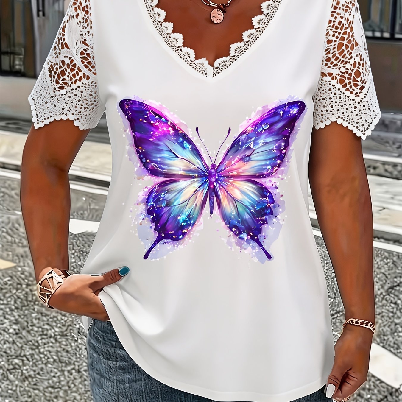 TEMU Plus Size, Plus Size Lace Trim Women's Summer V-neck T-shirt, Tummy Control Top