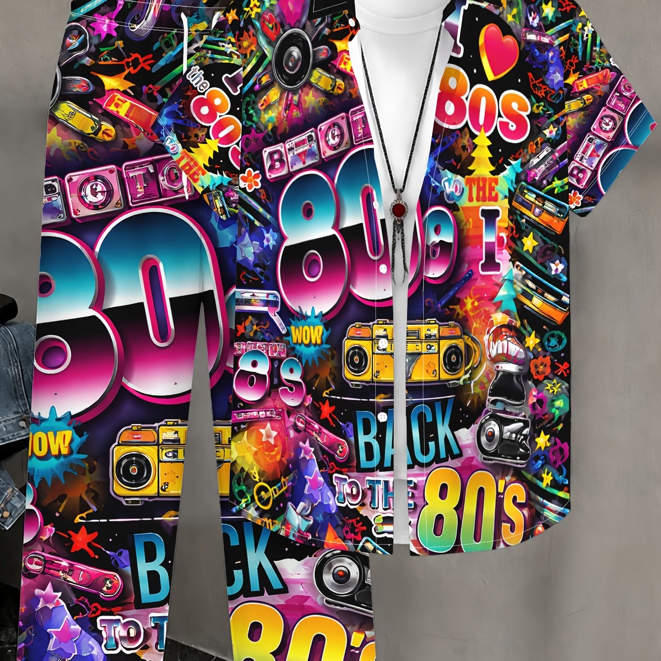TEMU Men's Casual Fashion Short-sleeve Shirt And Trousers Set, Vintage 80s Style With Colorful Elements, For Daily Wear, Casual Outdoors, Versatile