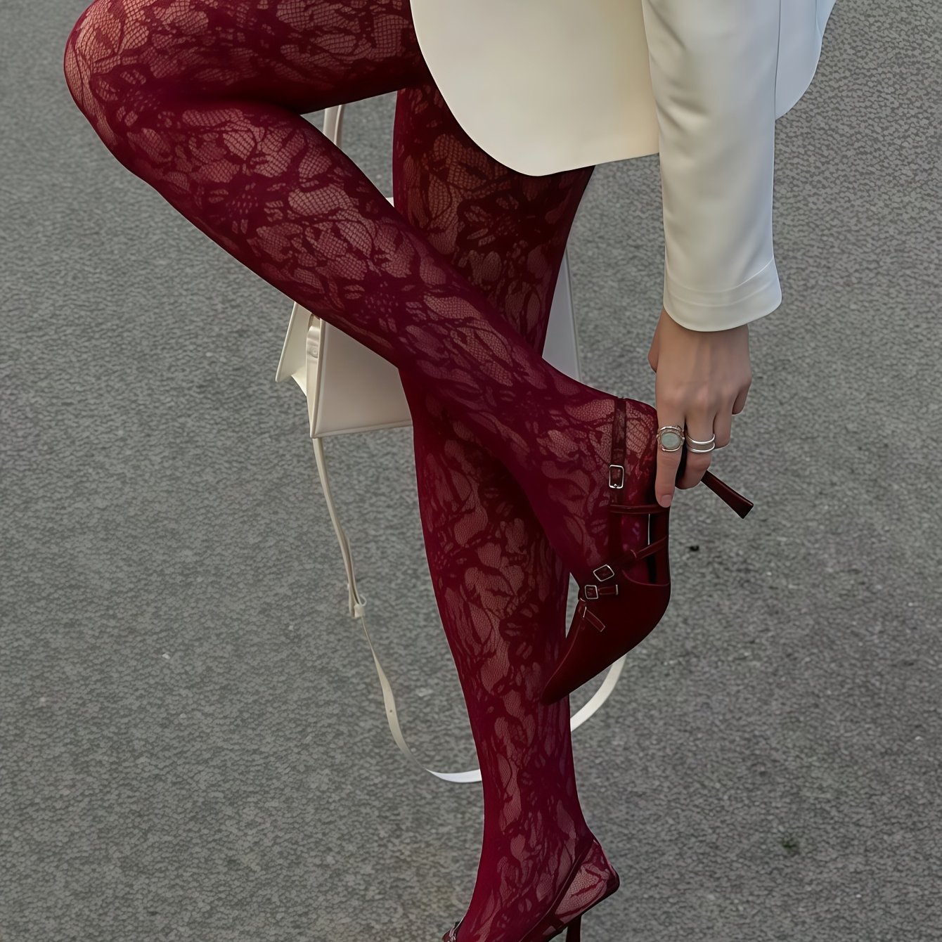 Image of Women's Wine Red Sunflower Fishnet Tights - High-elasticity Sexy Vintage Elegant Leggings, Comfortable Fashion For Shopping Dates Ns702