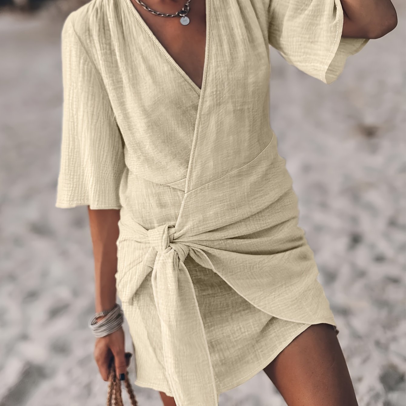 E-shop Modisches, elegantes Khaki Bodycon-Kleid für Damen mit V-Ausschnitt, Bindebund, kurzer Rock, Strandurlaub, lässiger Stil, trendige