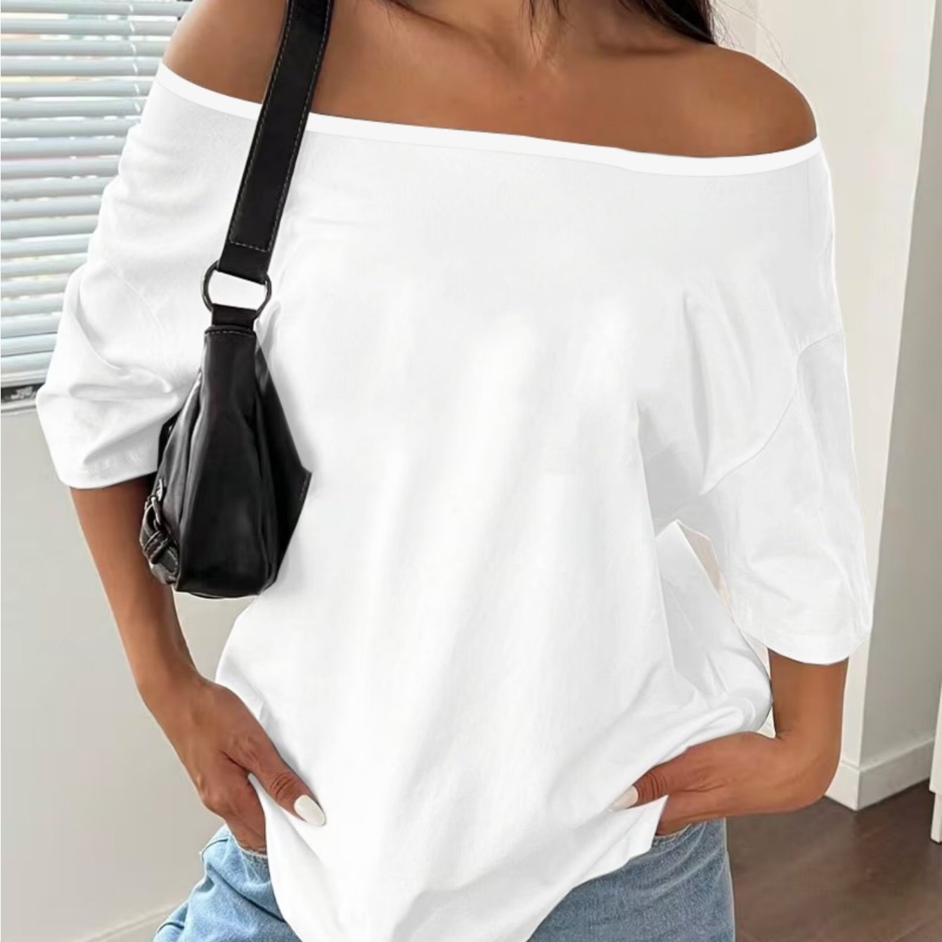 E-shop Damen hochelastisches Träger-T-Shirt mit freier Schulter – Kurzarm-Top mit Ein-Schulter-Träger, lockere Passform, einfarbige Bluse, geeignet für