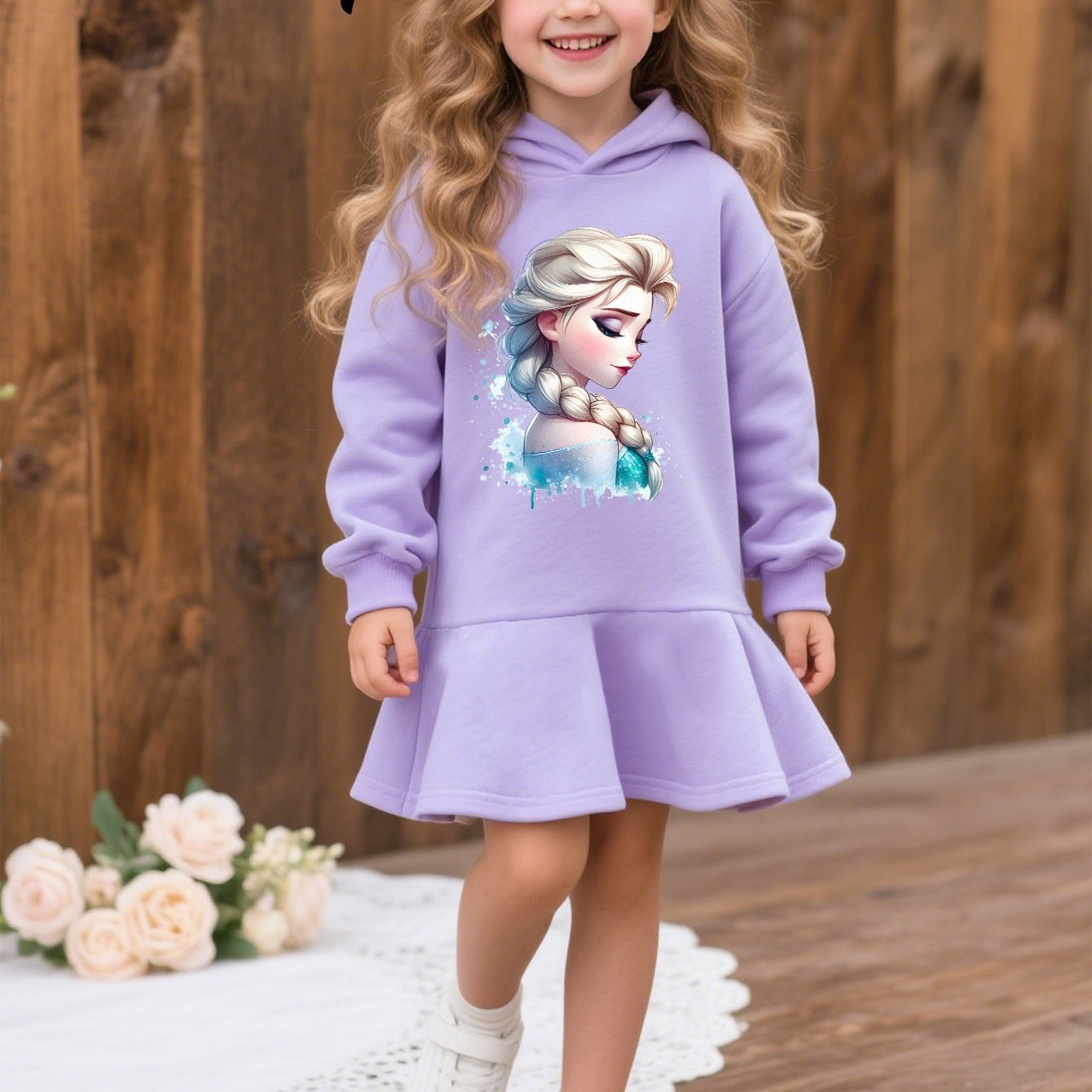 TEMU Disney Elsa Frozen Prinzessin Kapuzenpullover Kleid - Langärmliges, knielanges, lockeres Kleid mit & Frozen Charakteren Print, gemütliche