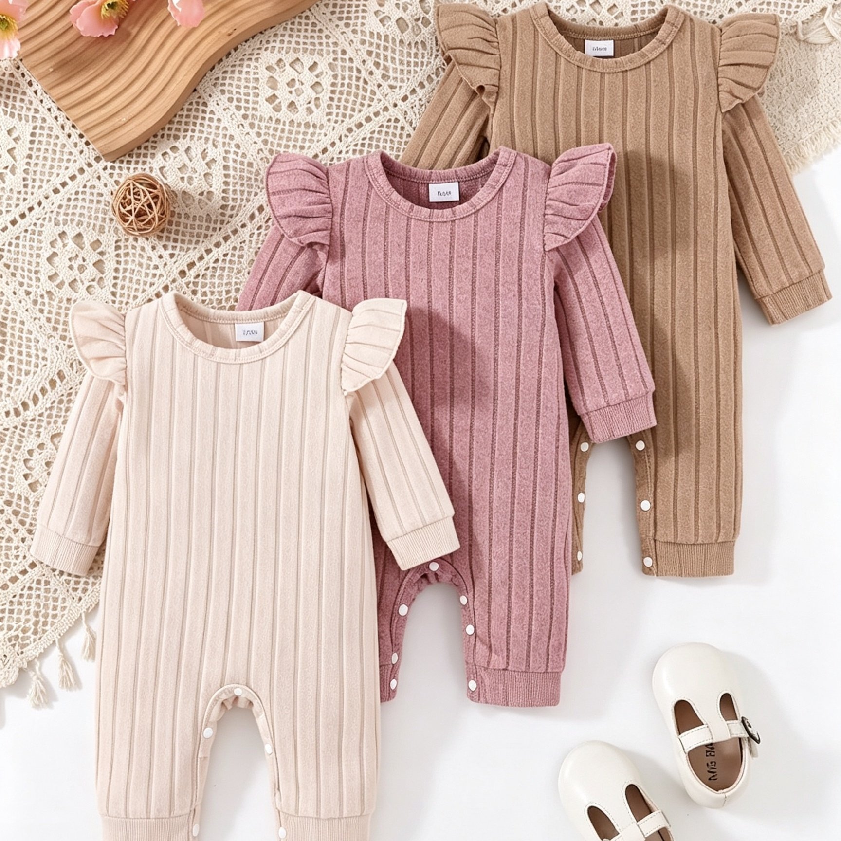 Image of 3pcs Girls' Autumn/winter Set In Pink, Purple, Gray, And Green With Round Neck Button-up Long Sleeve Bodysuits, Perfect For Outdoor
