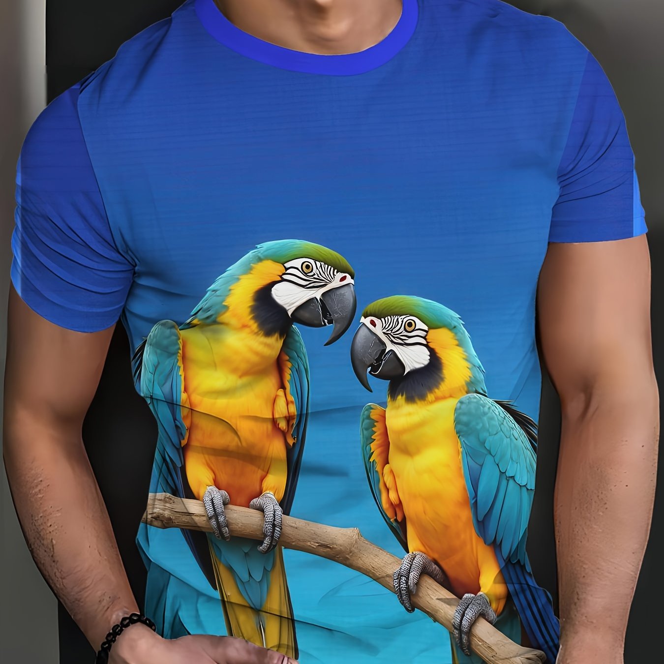 TEMU Men's Fashion Round Neck Short Sleeve T-shirt, High Definition Cool Parrot On Branch Pattern, Print Design And Machine Washable Fabric,