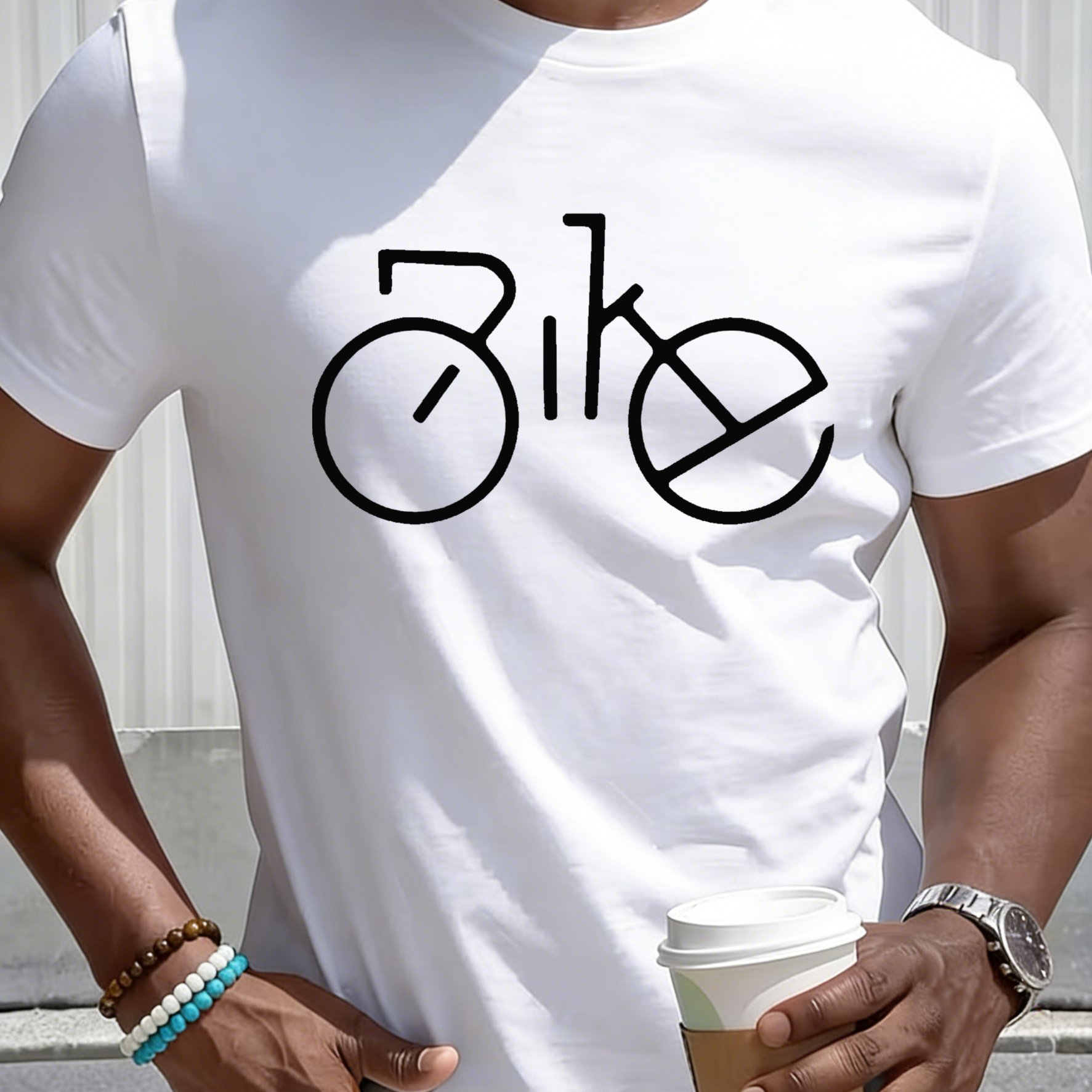 TEMU Minimalist Art T-shirt - Black With White Bicycle Outline, Round Neck Casual Cycling Shirt Suitable For Spring/summer, Machine Washable For Bike