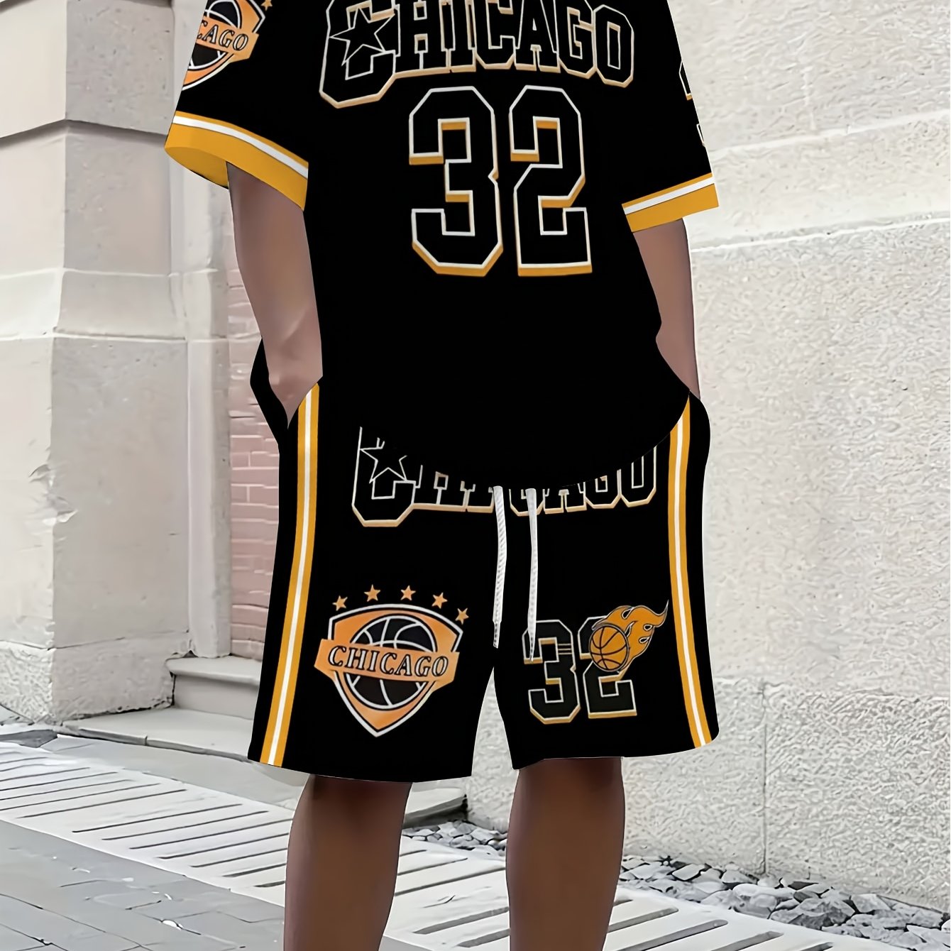 TEMU Plus Size Men's Printed Contrast Trim Short Sleeve T-shirt And Shorts Set, Men's 2pcs Short Set, Breathable Regular Fit - Casual And Formal Wear