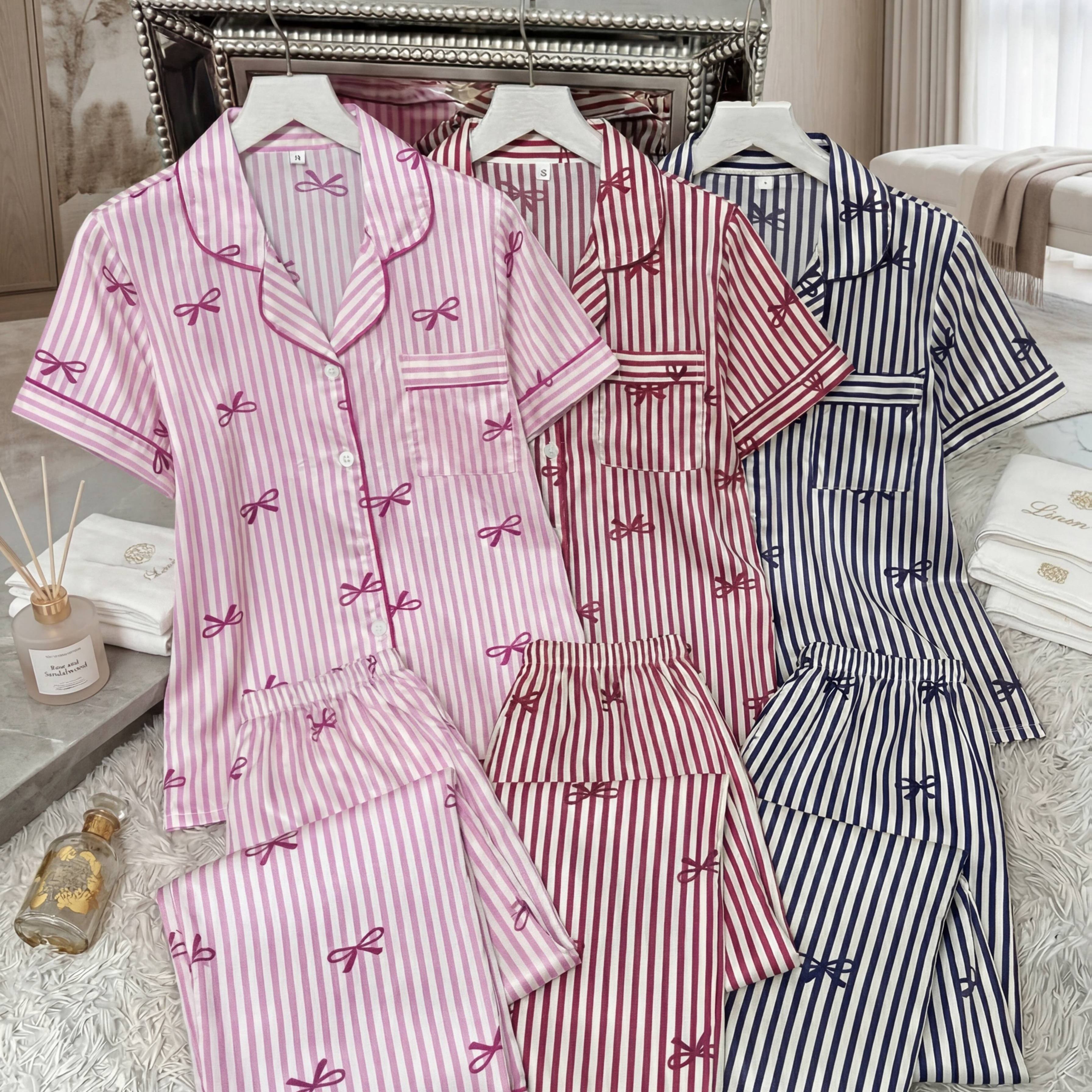 TEMU Women's 6pcs Set Pink Striped & Bow Print, Satin Short-sleeve Cardigan And Long Pants Loungewear Pajamas