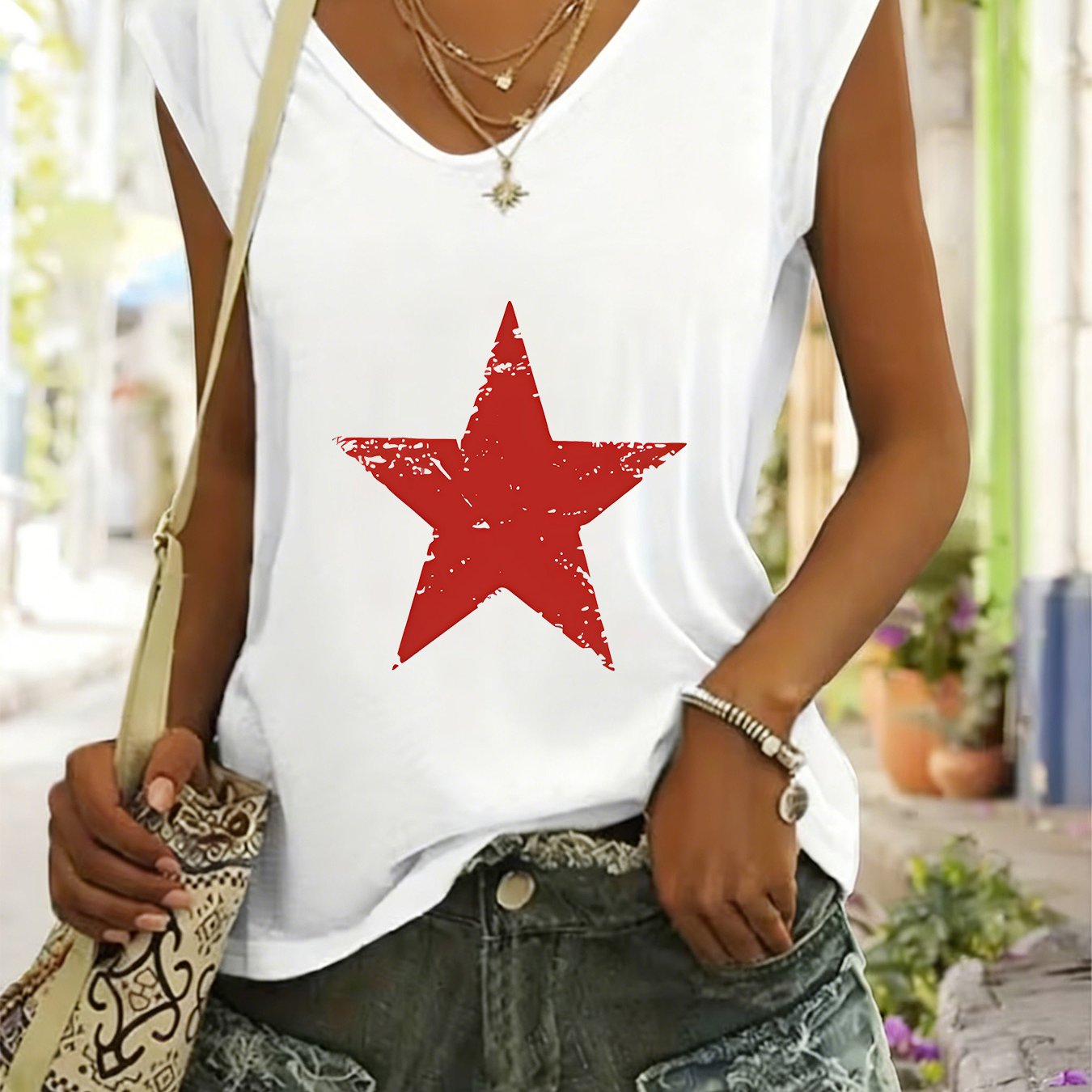 TEMU Haut à imprimé étoiles avec un col en V, parfait pour les et adapté à tous les types de corps, une chemise manches polyvalente pour l'été qui la