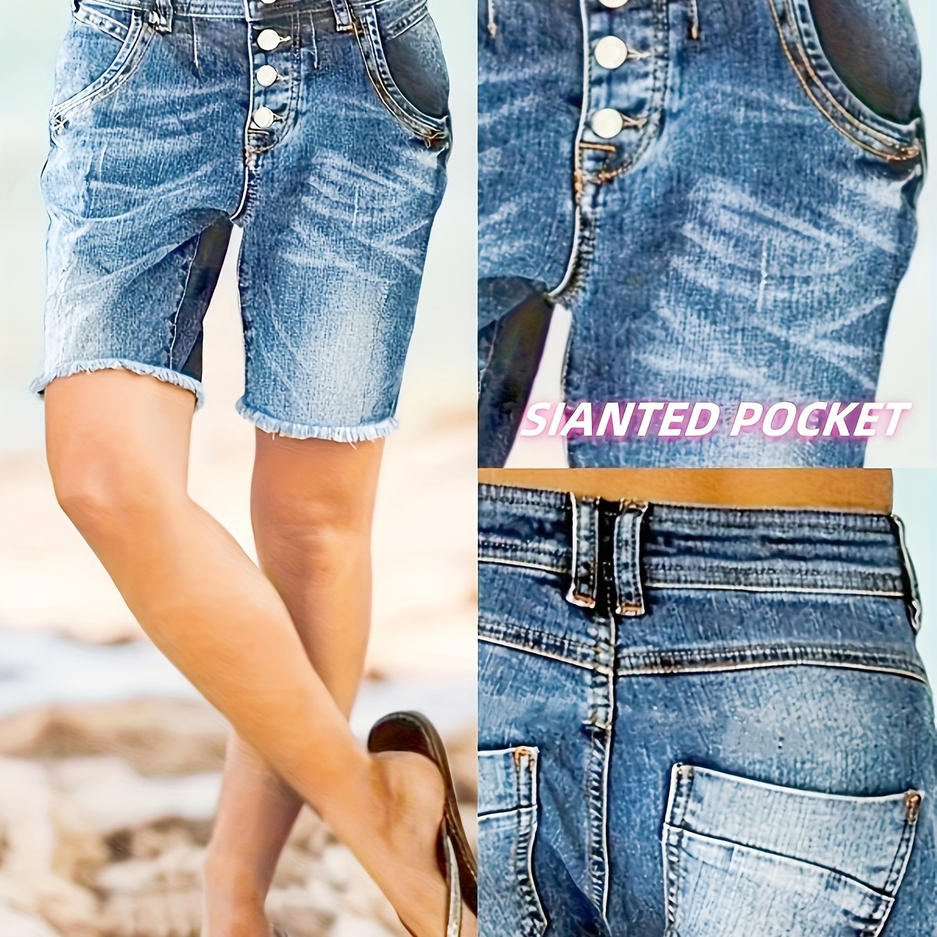 Image of Mid-waist Elastic Button. Pleated. Back Pocket Spliced Foot Mouth Edge Heavy Craft Washing Cat . Fashionable Mid-pants Denim Shorts