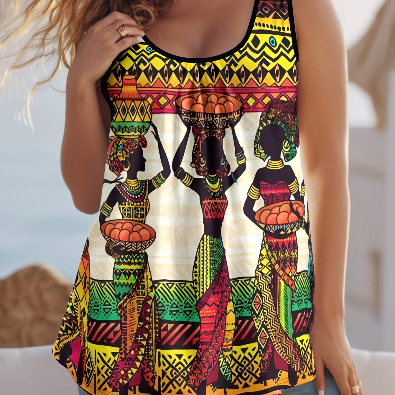 TEMU Plus Size, Comfortable Summer Casual Elegant Ethnic Painting Element Print Pattern Women's Plus Size Ruched Tank