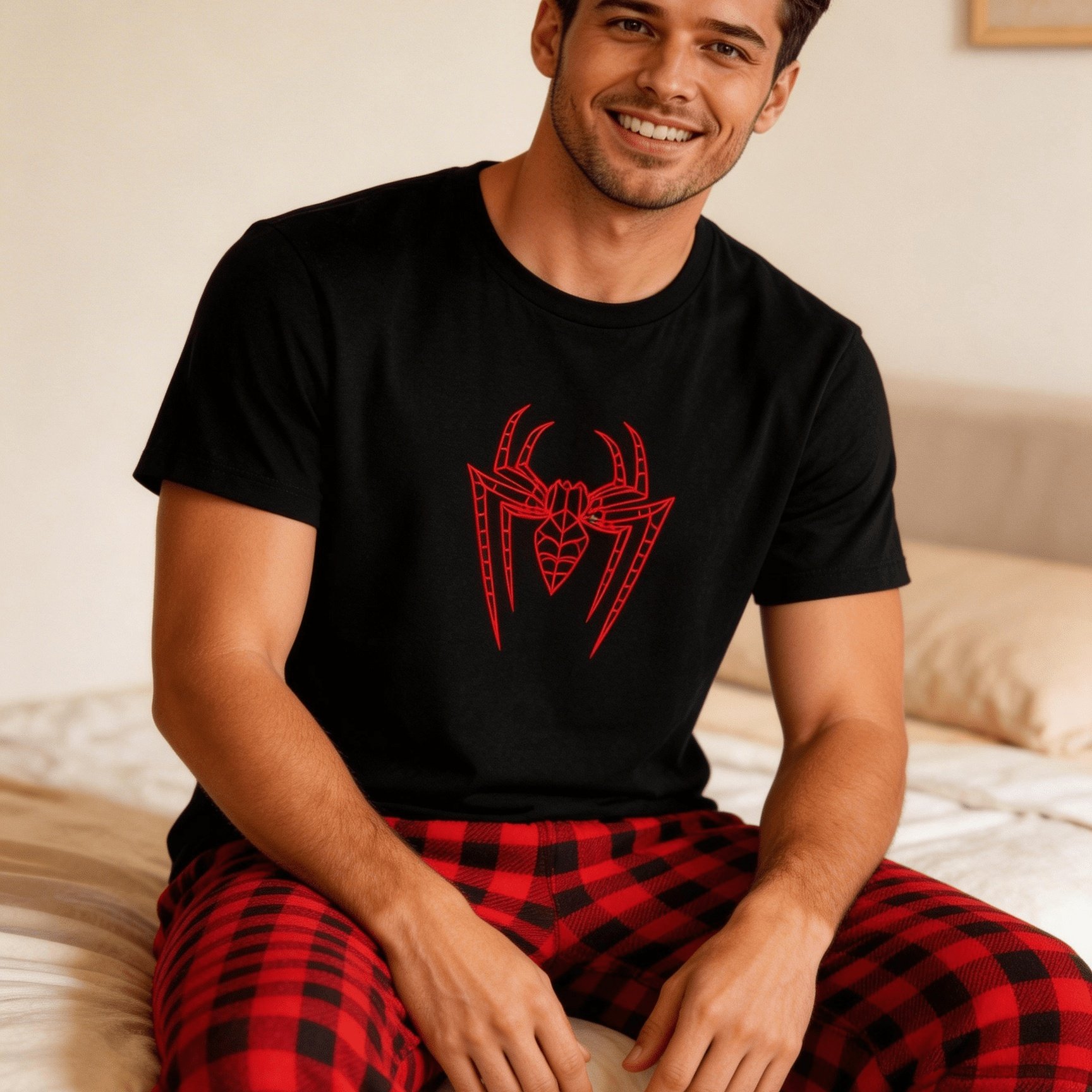 TEMU [men/women] Couple Style Men Or Women Set And Spider Print Valentine's Day Short Sleeve Long Pants , 1pc Top And 1pc Pants Suitable For Cool