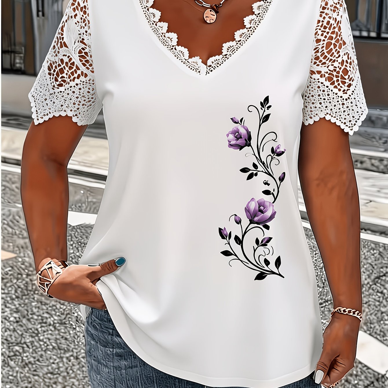 TEMU Plus Size Women's V-neck Lace Short Sleeve Top, Loose Casual All-match Summer Women's Clothing