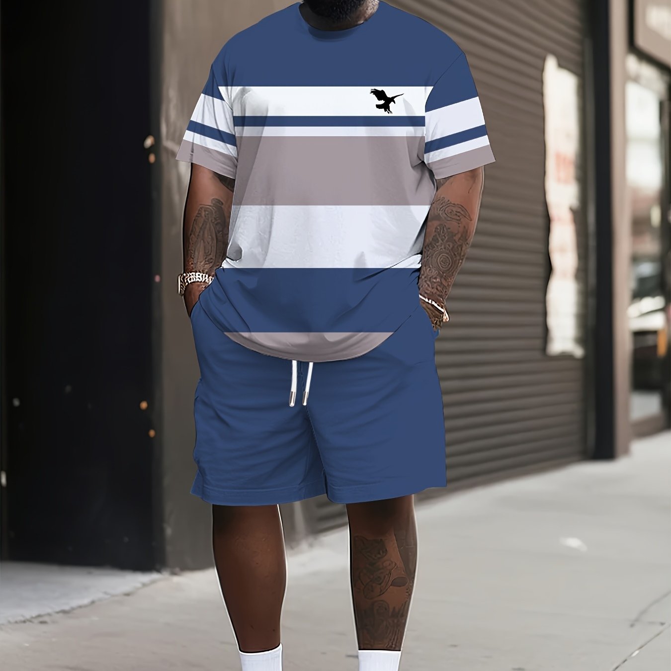 TEMU Plus Size Men's Clothing Plus Size Men Summer Casual Sports Suit Breathable Print Round Neck T-shirt And Shorts Knit Fabric Elasticity Regular