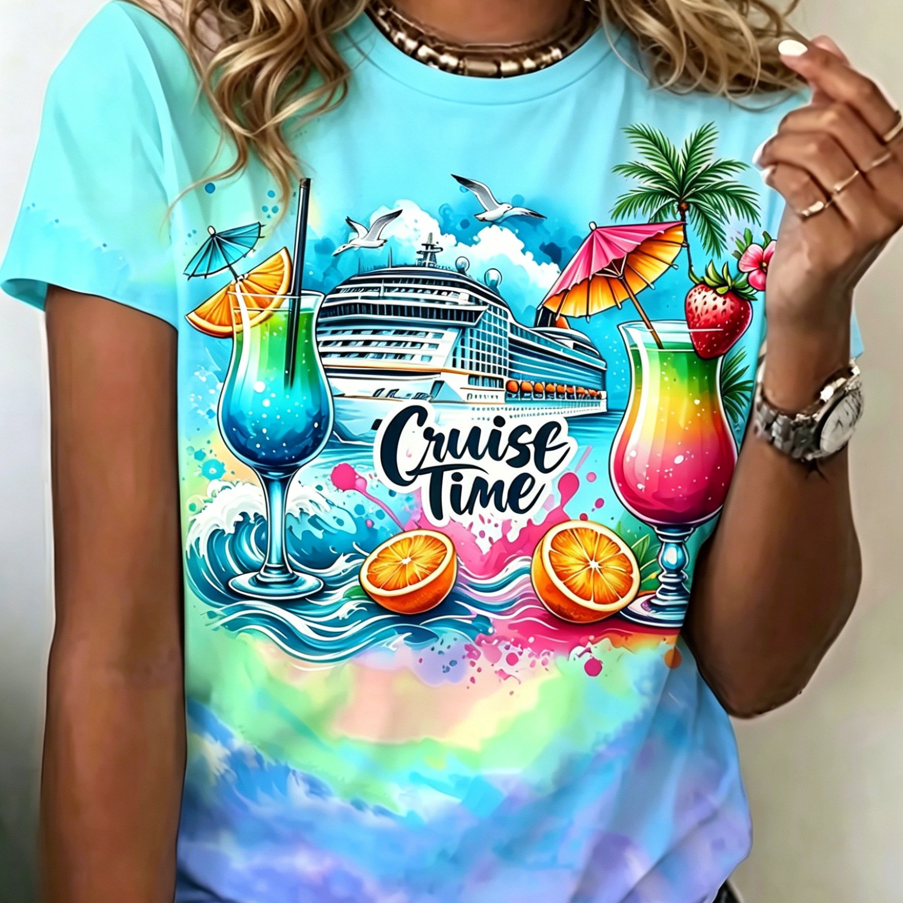 TEMU Plus Size, Flat Print , Seagull, And Cruise Ship Pattern Crewneck T-shirt, A Vibrant Color-blocking Outfit For Seaside