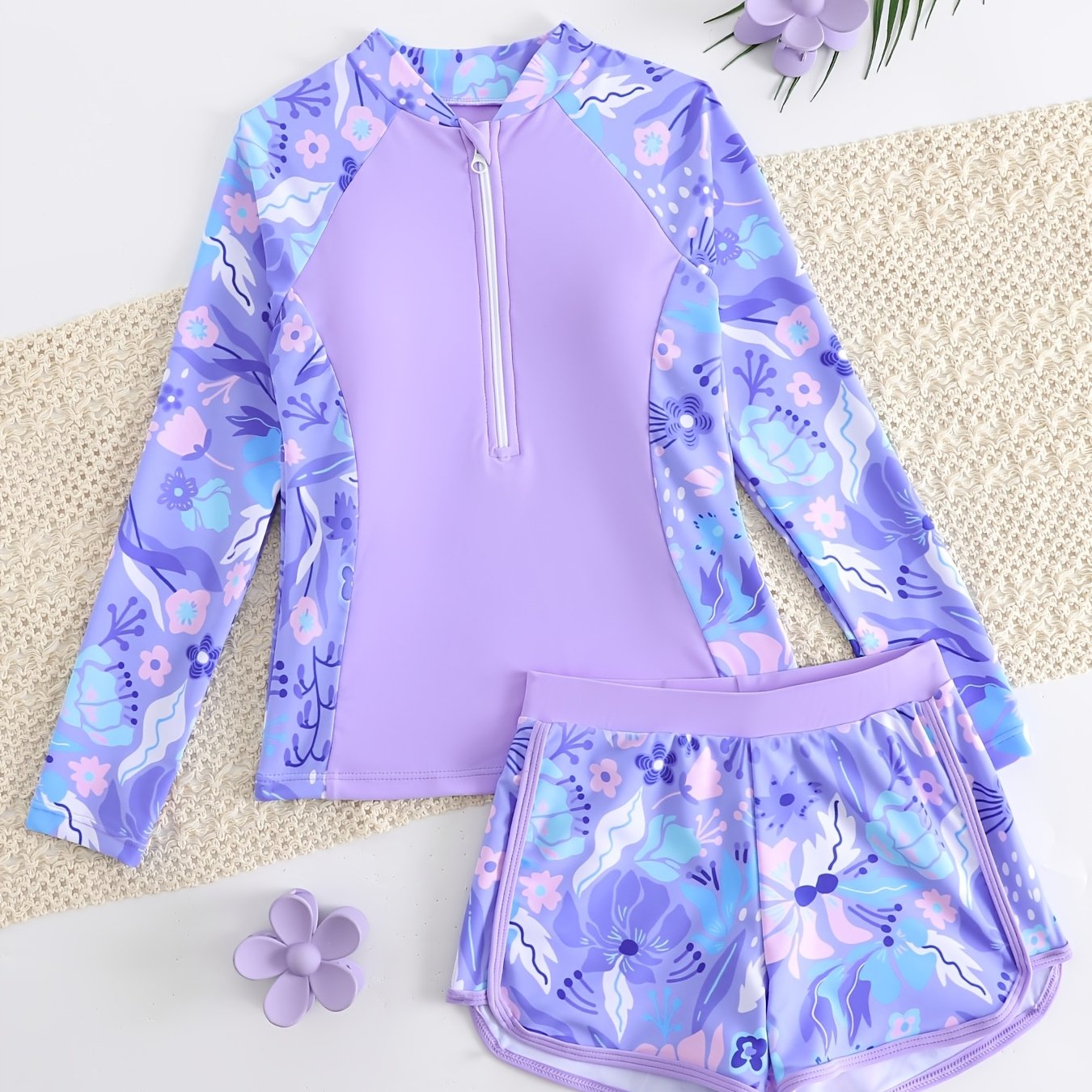 TEMU Girls' Tankini Swimsuit, Zipper Tropical Print Swimwear With Zipper, Suitable For Vacations Swimming Pool