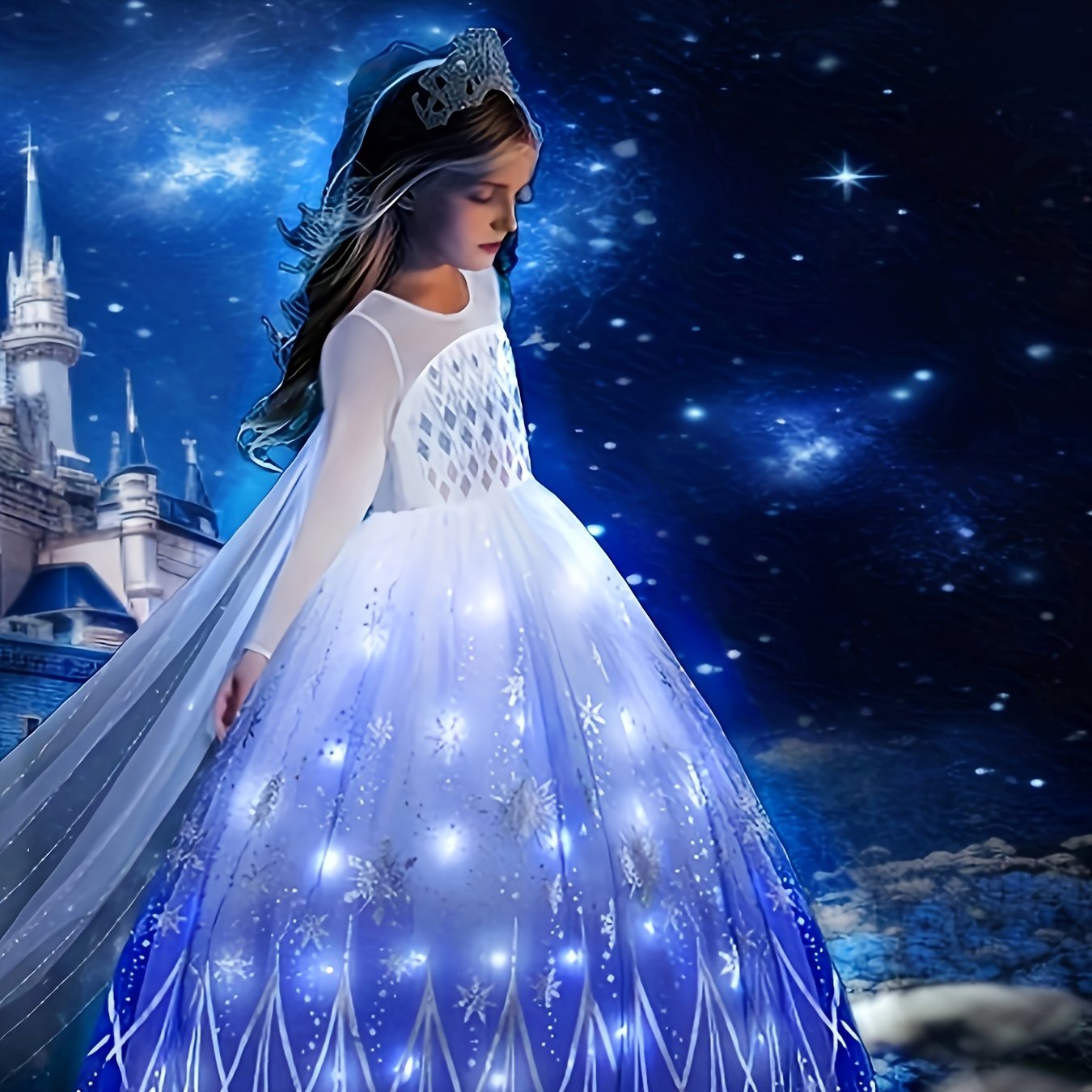Image of Blue And White Gradient Stripe Cape Dress For Girls, Long Sleeve Tulle Princess Dress For Girls, Holiday Princess Dress For Girls, Girl's Christmas Halloween Party Princess Dress
