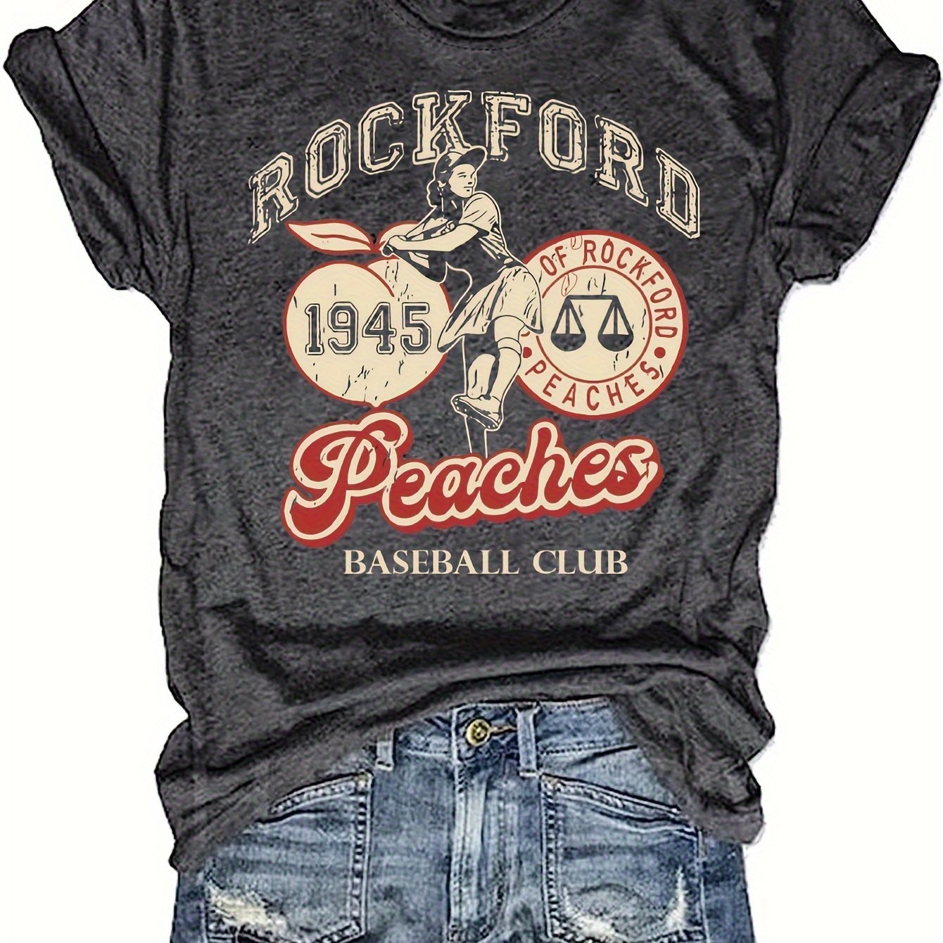 TEMU Plus Size Women's Vintage Baseball Graphic T-shirt - Peaches 1945 Retro Design, Dark Grey Heathered Casual Tee, Machine Washable Round Neck Top
