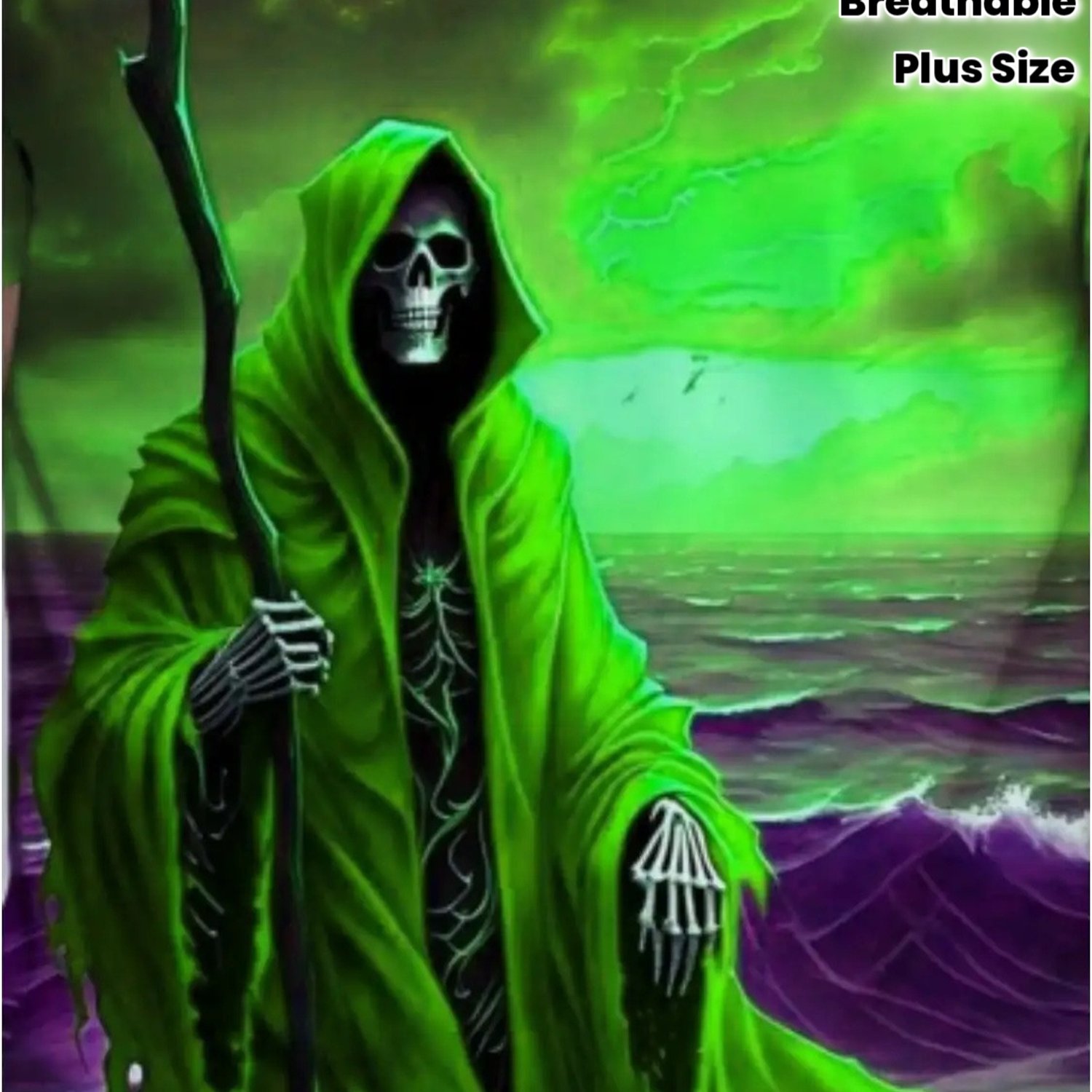 TEMU Men's Plus Size Graphic T-shirt - Design Of A Skeleton Reaper With - Green And Purple Gothic Style Tee - Regular Fit For Halloween, Themed