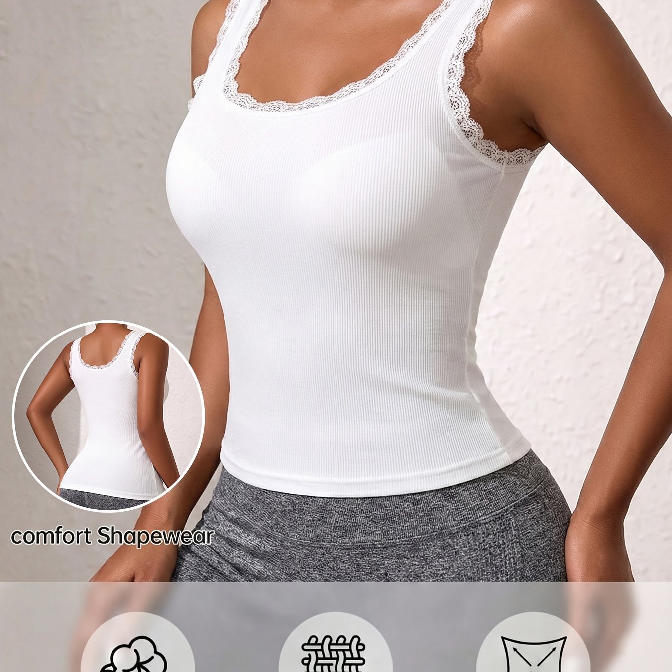 Image of 1pc Women's Casual Ribbed Lace Trim Lace Strap Undershirt Base Layer With Padded Camisole Tank Top