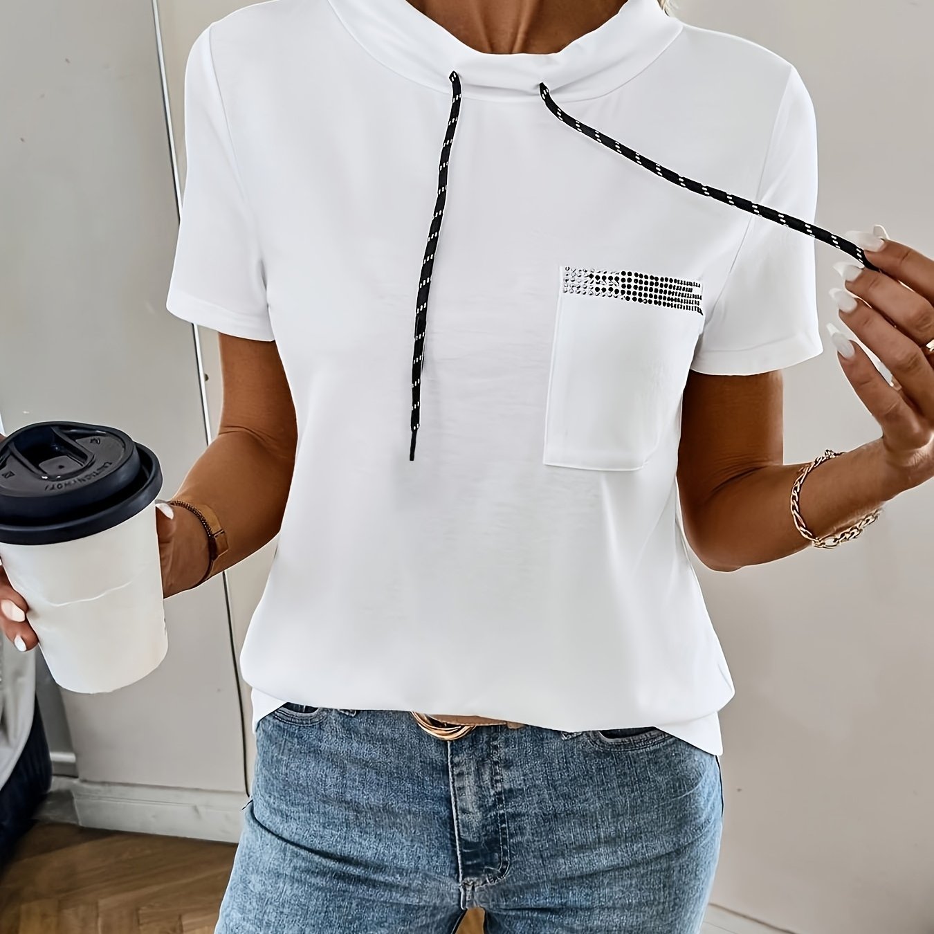 TEMU Women's Rhinestone Short-sleeve T-shirt With Drawstring Collar - Solid Color Casual Top, Medium Stretch Non- Suitable For , Versatile Layering