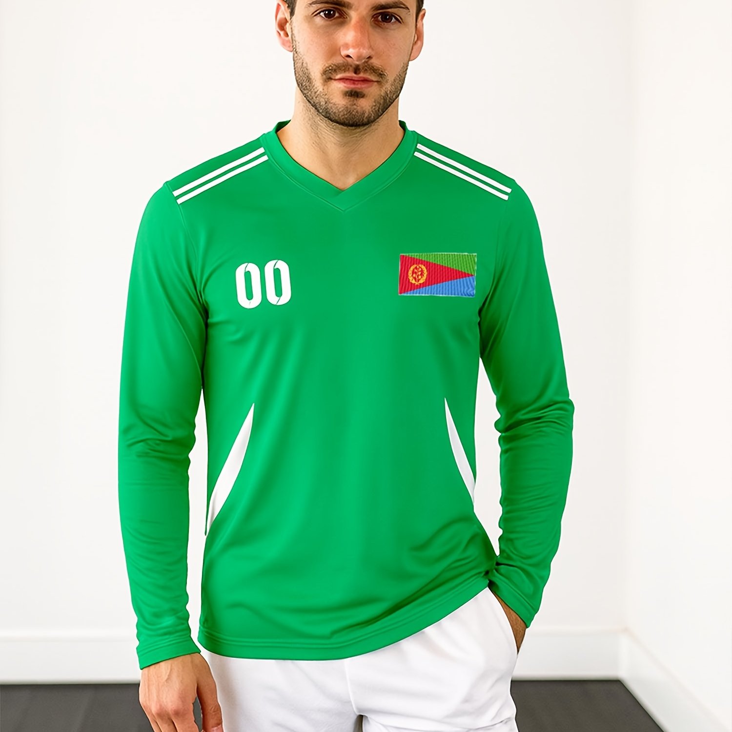 TEMU Eritrea's V-neck Long-sleeved Football Jacket | Comfortable And Fit, Printed With Name And Number On Front And Back, Suitable For Casual Parties
