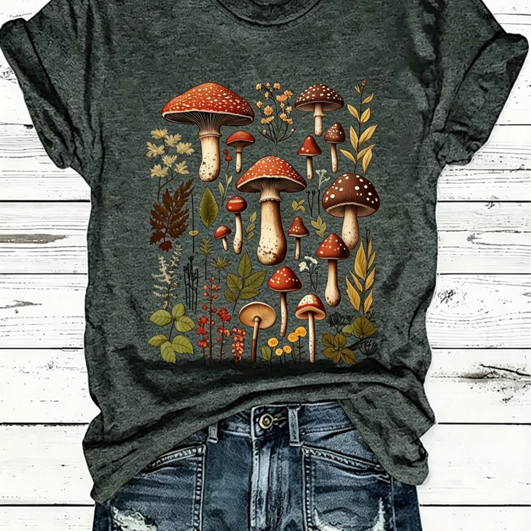 TEMU Round-neck T-shirt - Fashionable Women's 'mushroom' Pattern Printed T-shirt - Casual Short-sleeved Round-neck Top - Lightweight And Breathable,