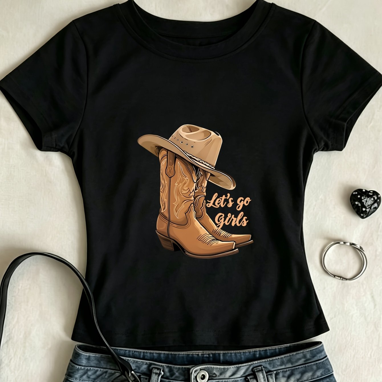 TEMU Go! Denim Boot   Cowboy Hat Combo Print, Cool Women's Short-sleeve T-shirt Top With A Regular Shoulder Fit And Round Neck, Versatile For Summer