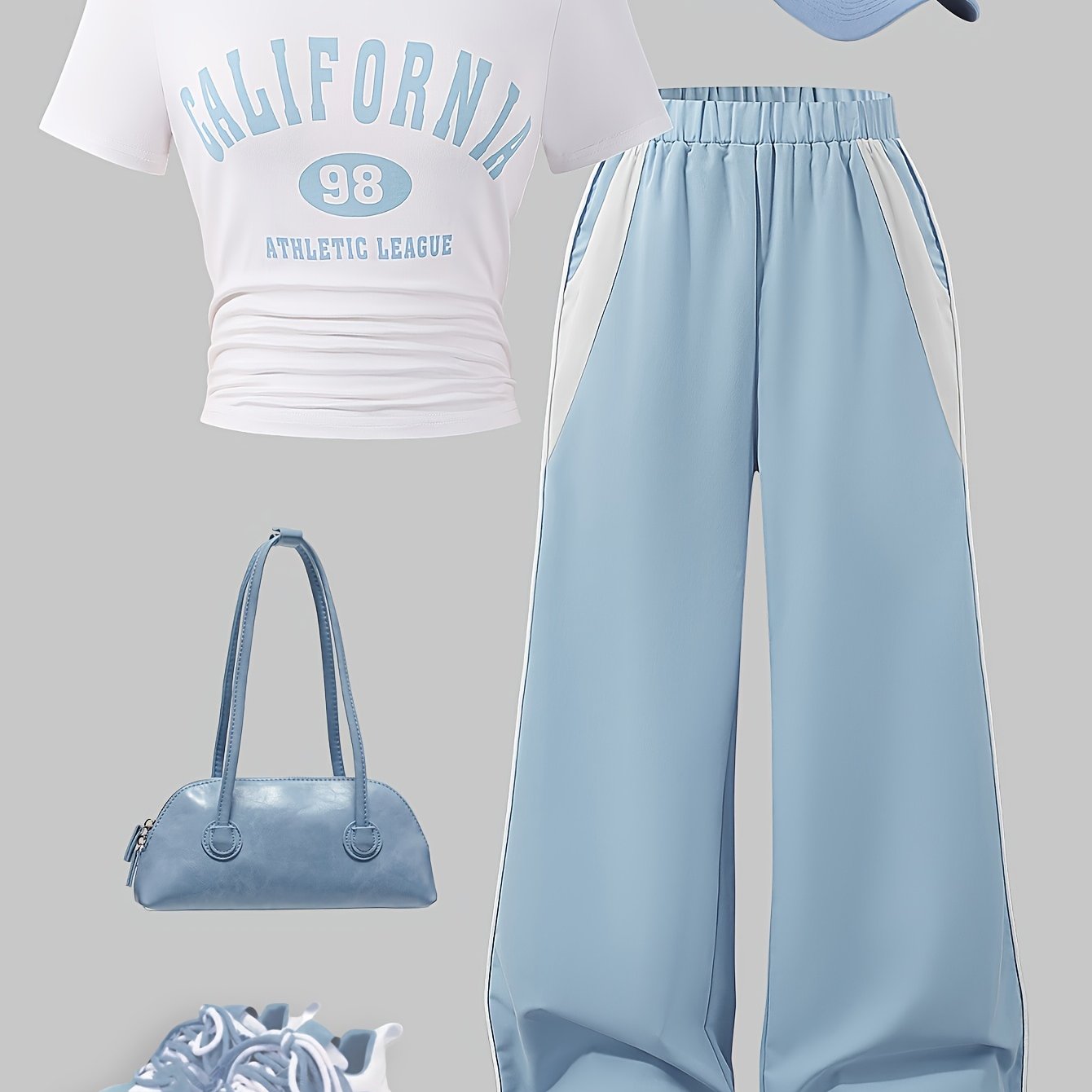 E-shop Teenager-Mädchen Casual Mode Elegantes Kurzarm-Oberteil & Weite Hose Zweiteiler-Set, für Draußen, für Teenager