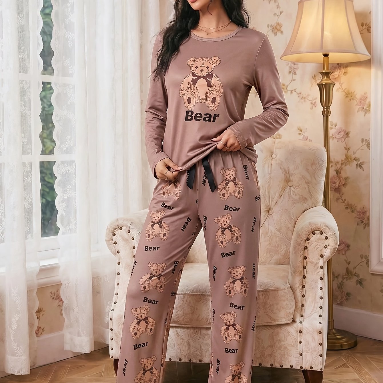 TEMU Ensemble de pyjama pour femmes avec imprimé d'ours long