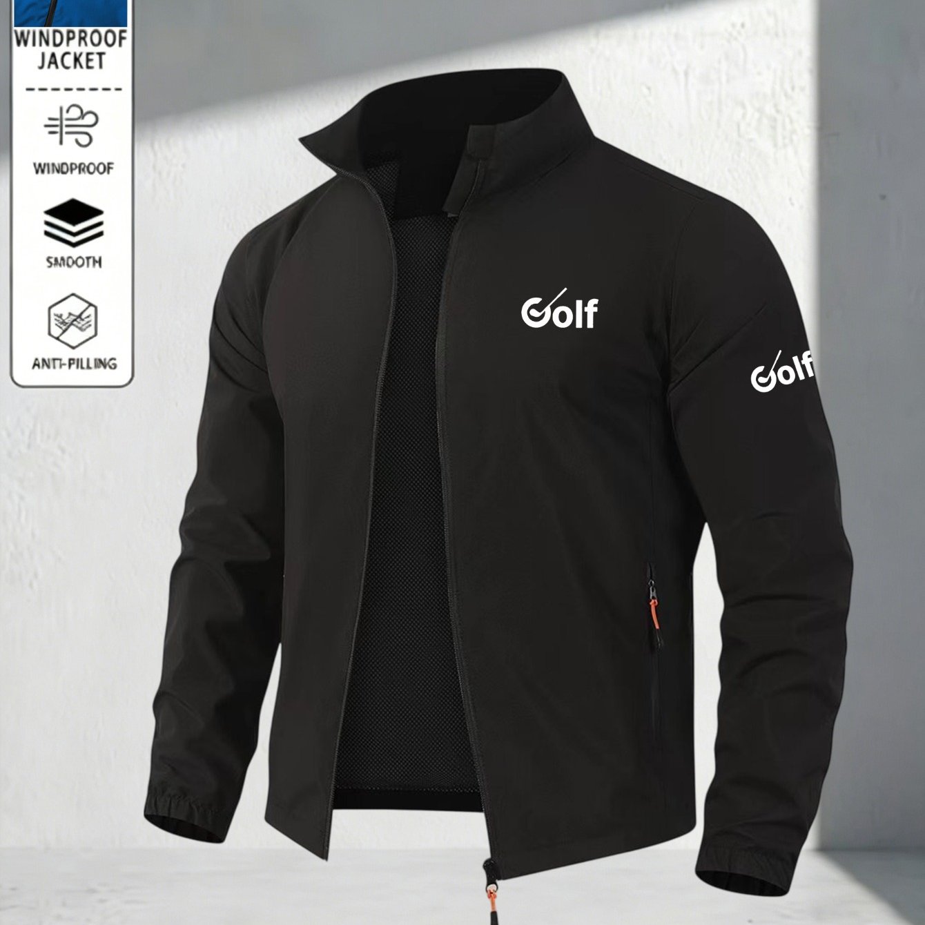 TEMU Men's Golf Letter Logo Print Stand Collar Jacket, Anti-pilling Smooth Lightweight Fabric, Casual Sport Coat Suitable For Golf Courses And Daily