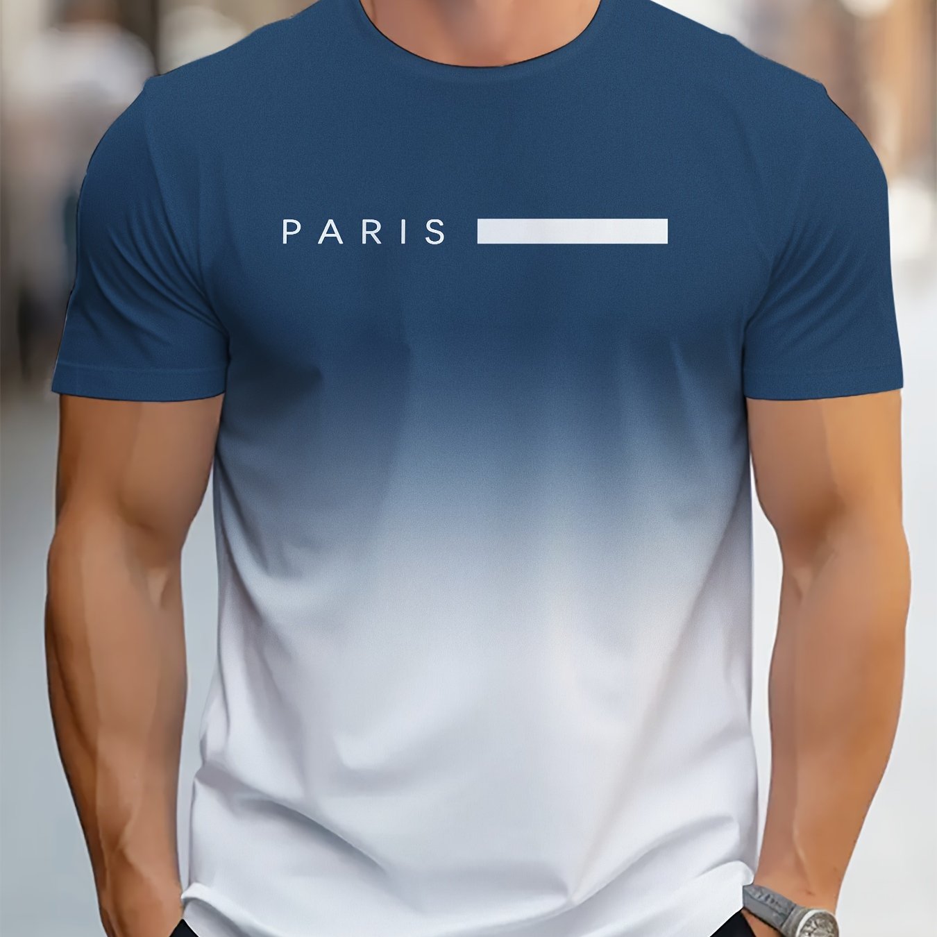 TEMU Men's Gradient Color Paris Pattern Print T-shirt, Casual Short-sleeve Round Neck Tee, Summer Outdoor Men's Clothing, Plus Size