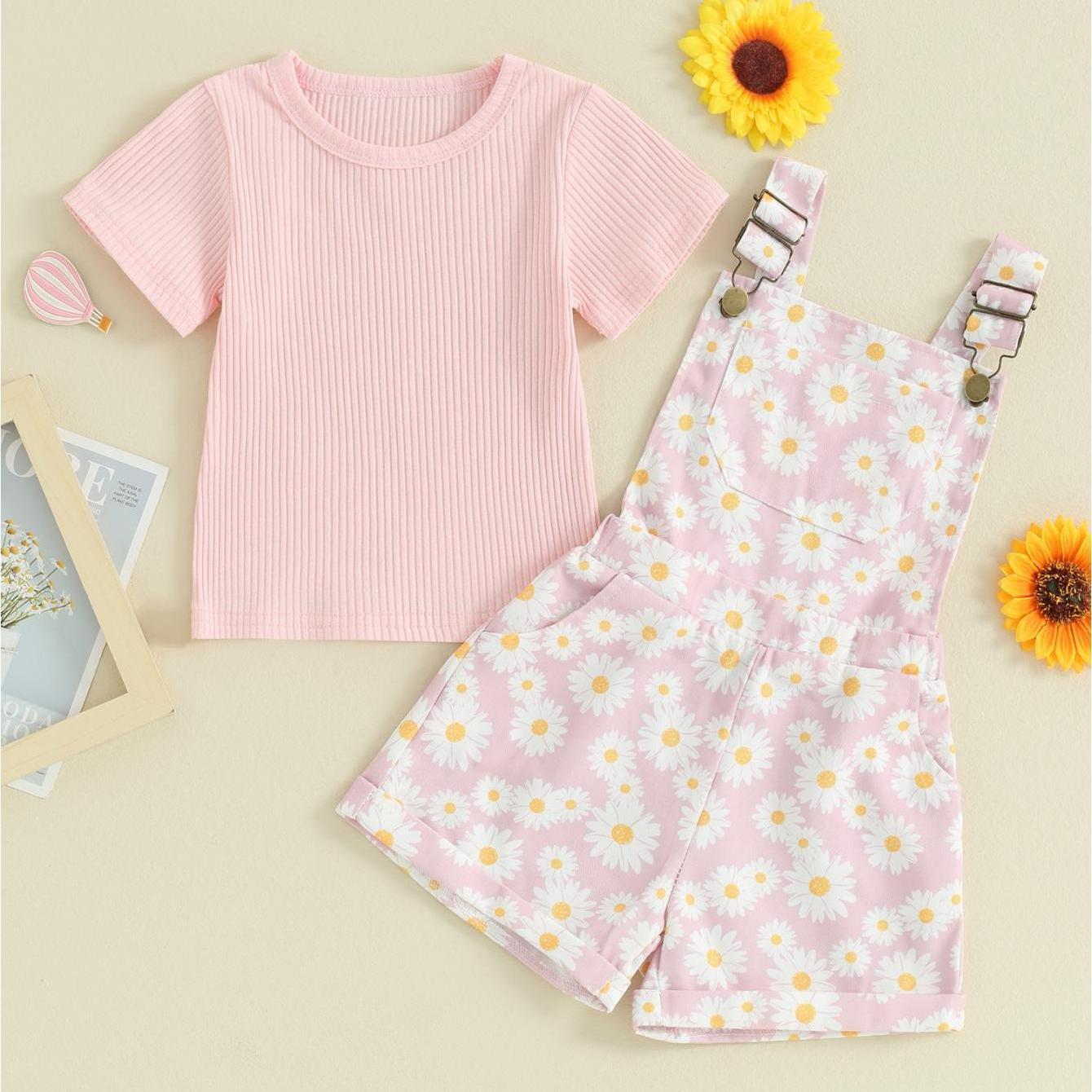TEMU Girl Shorts Outfit Solid Color Ribbed Short Sleeve T-shirt With Daisy Print Overall Shorts 2pcs Summer Clothes, Outdoor