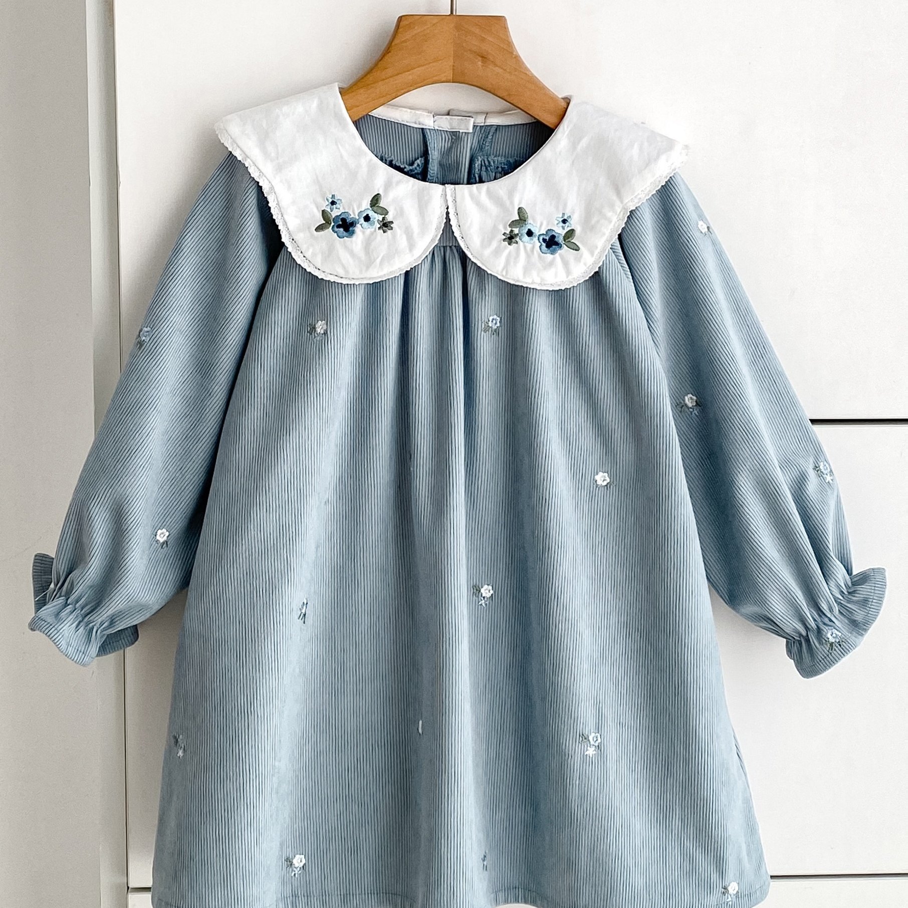 Image of B149 Girls' Spring Autumn Floral Embroidery Cute Doll Collar Petal Long Sleeve Vintage Dress